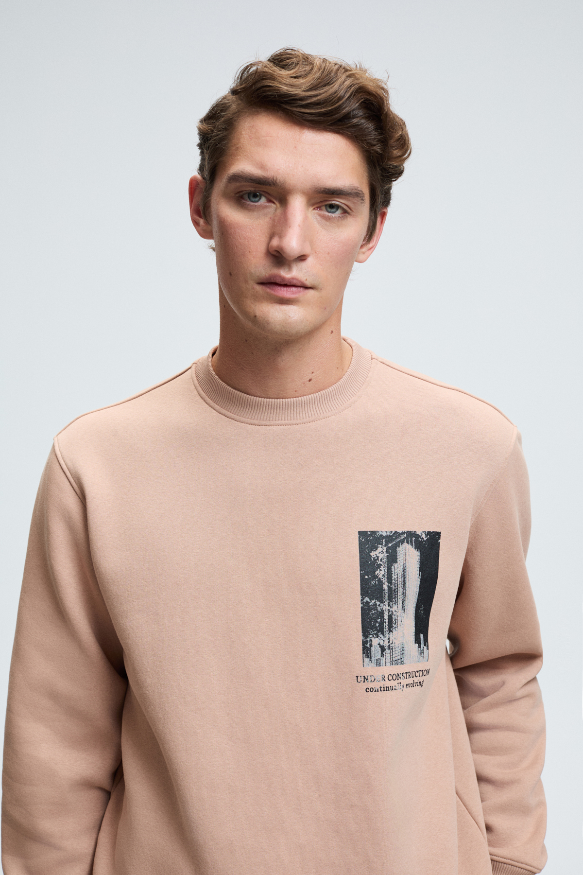 GRIMELANGE LUCIAN Erkek Göğsü Ve Sırtı Baskılı Yuvarlak Yaka Regular Fit VİZON Sweatshirt görsel 3