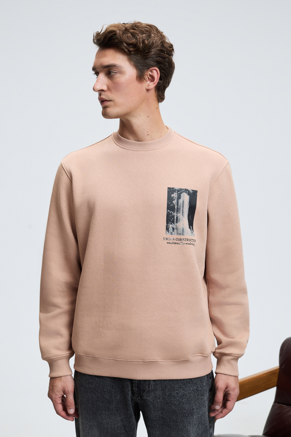 GRIMELANGE LUCIAN Erkek Göğsü Ve Sırtı Baskılı Yuvarlak Yaka Regular Fit VİZON Sweatshirt görsel 5