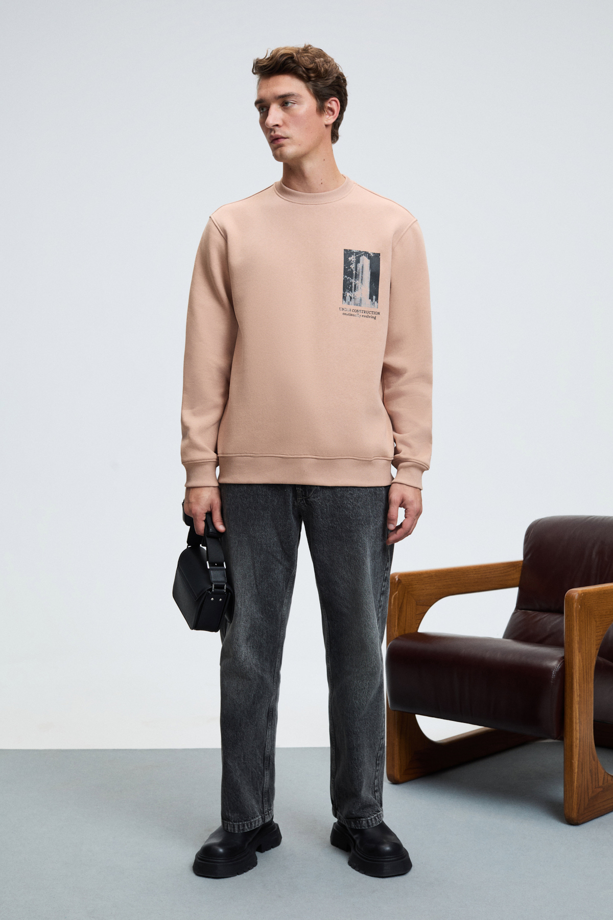 GRIMELANGE LUCIAN Erkek Göğsü Ve Sırtı Baskılı Yuvarlak Yaka Regular Fit VİZON Sweatshirt görsel 6