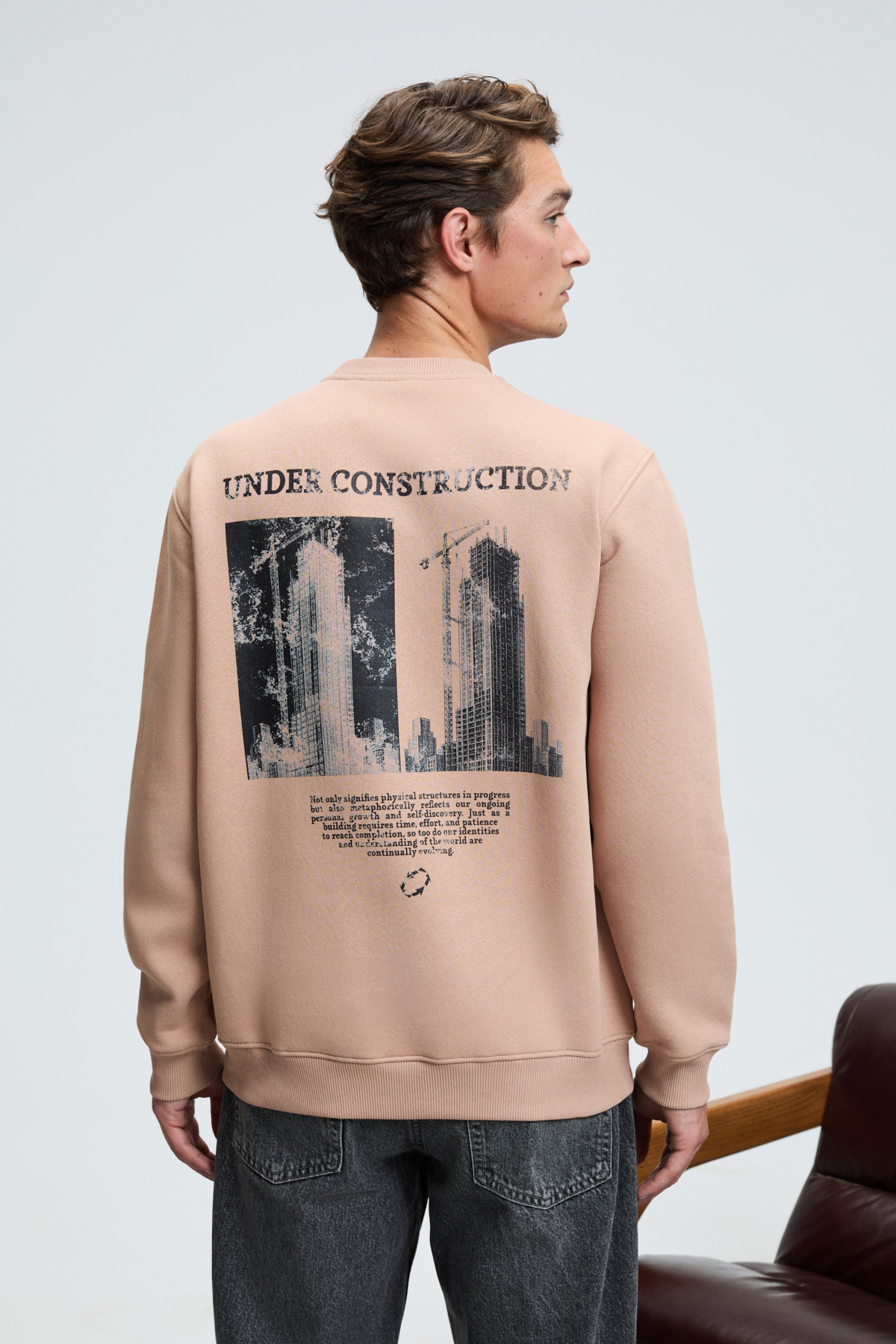 GRIMELANGE LUCIAN Erkek Göğsü Ve Sırtı Baskılı Yuvarlak Yaka Regular Fit VİZON Sweatshirt görsel 7