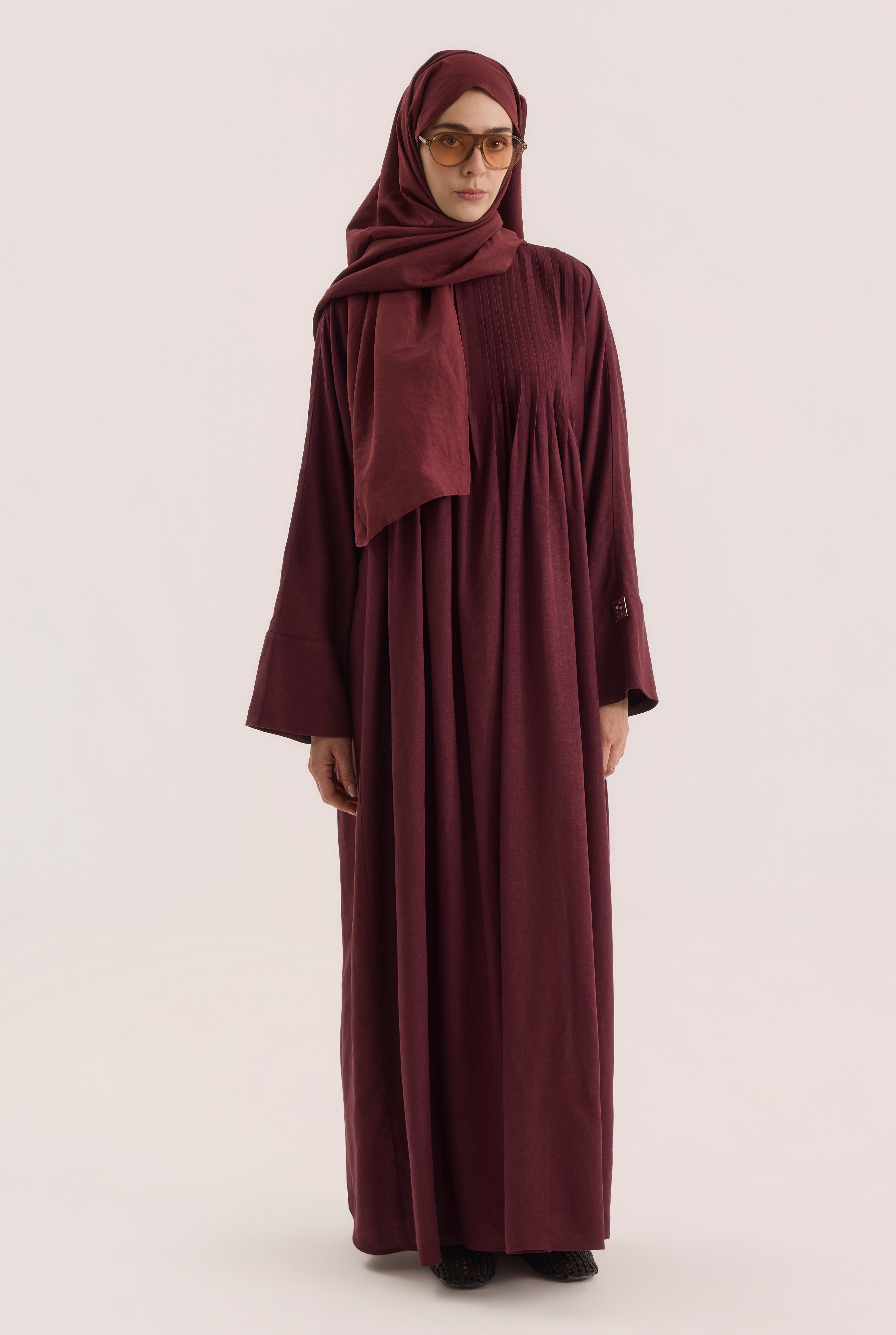 HE-QA Nervür Detaylı Keten Abaya Bordo