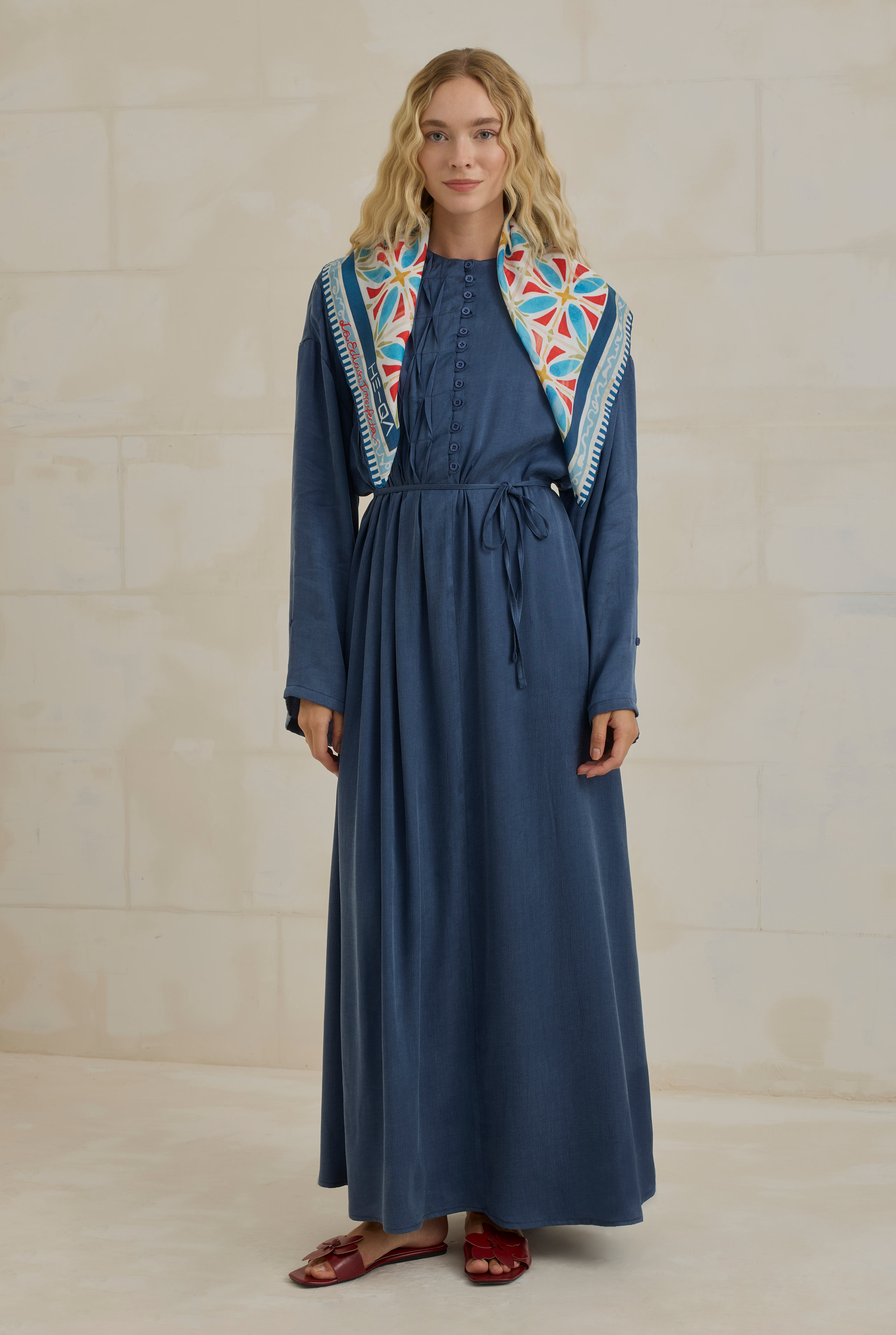HE-QA Nervür Motifli Liyosel Abaya Jean Mavi