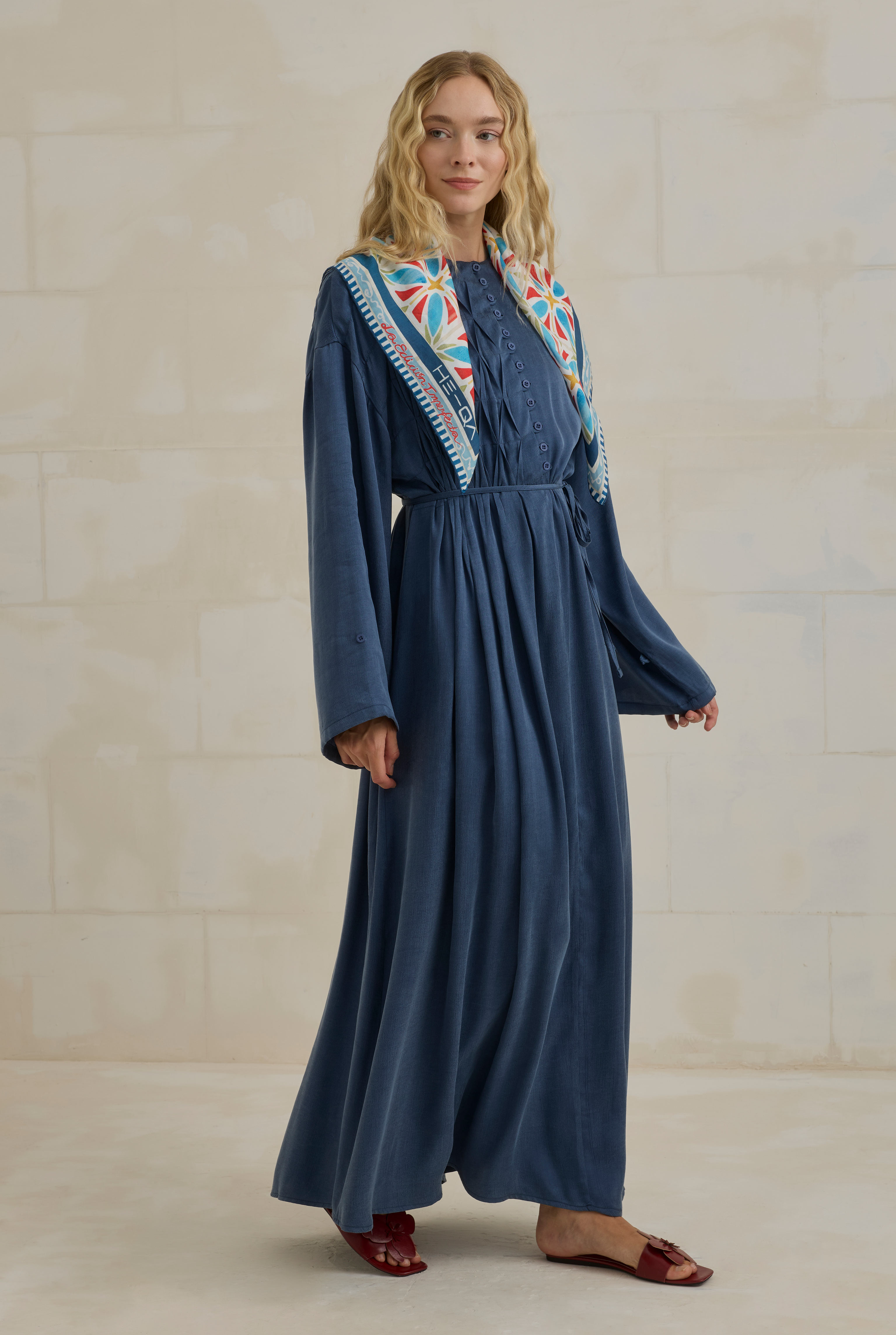 HE-QA Nervür Motifli Liyosel Abaya Jean Mavi görsel 2
