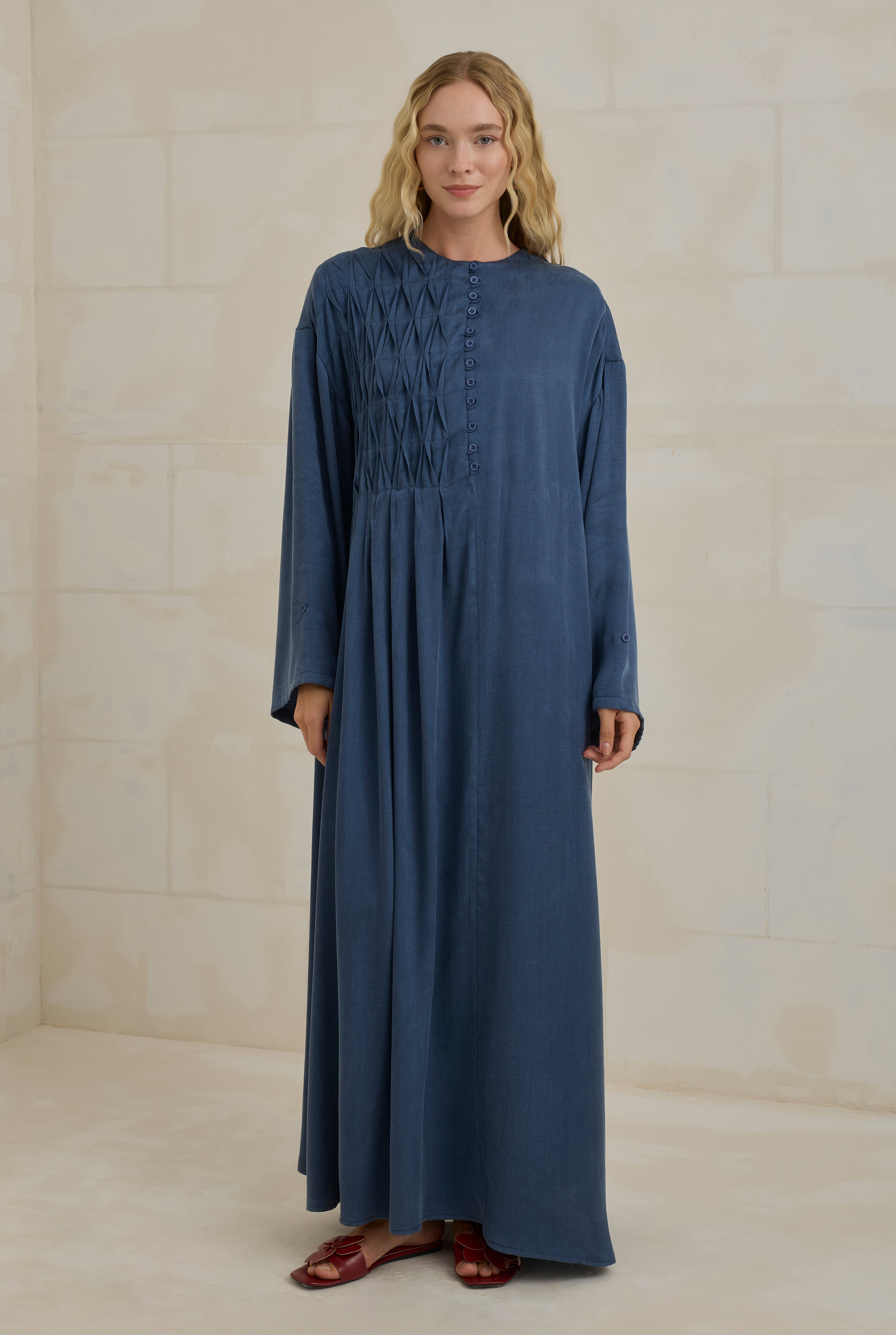 HE-QA Nervür Motifli Liyosel Abaya Jean Mavi görsel 3