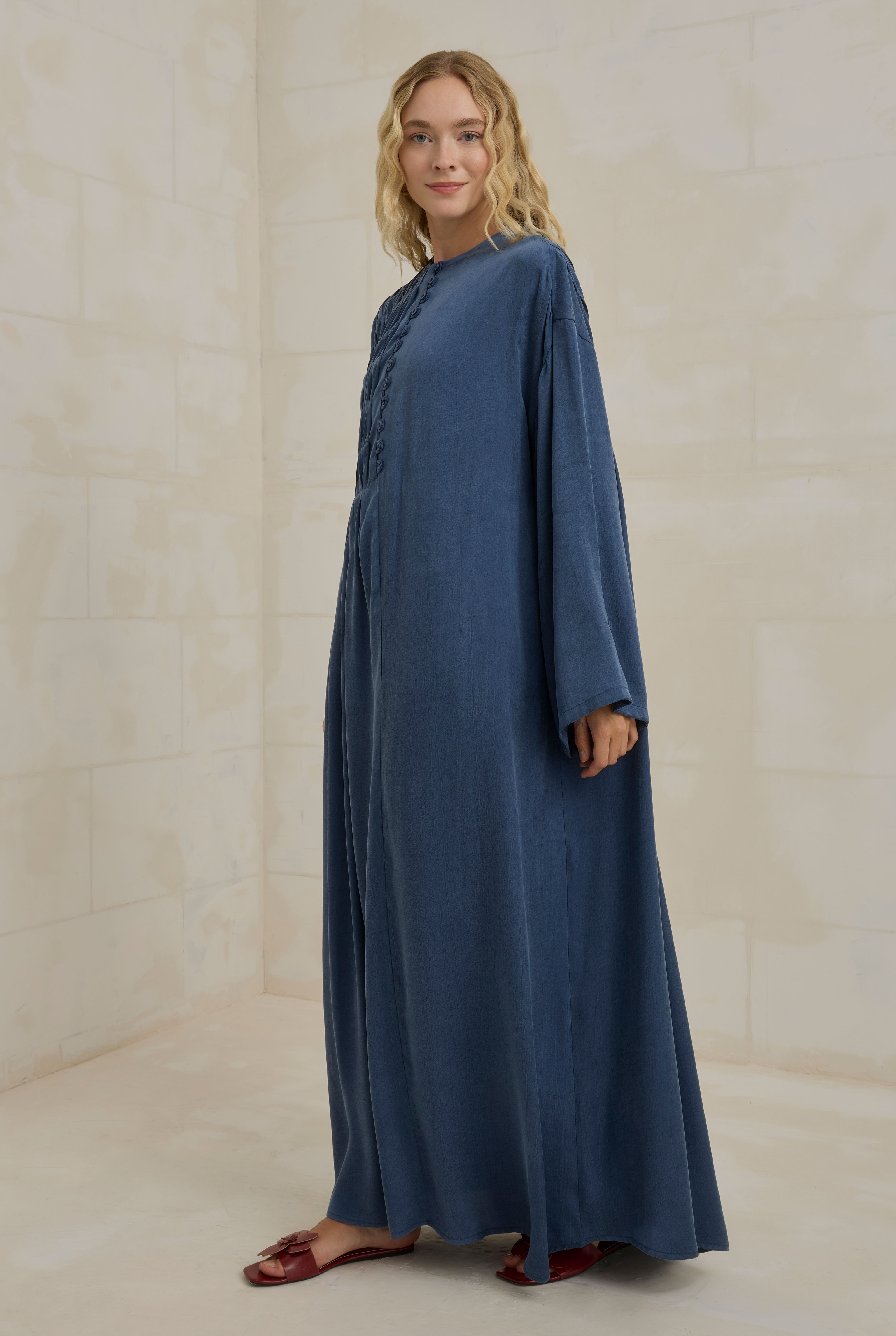 HE-QA Nervür Motifli Liyosel Abaya Jean Mavi görsel 5