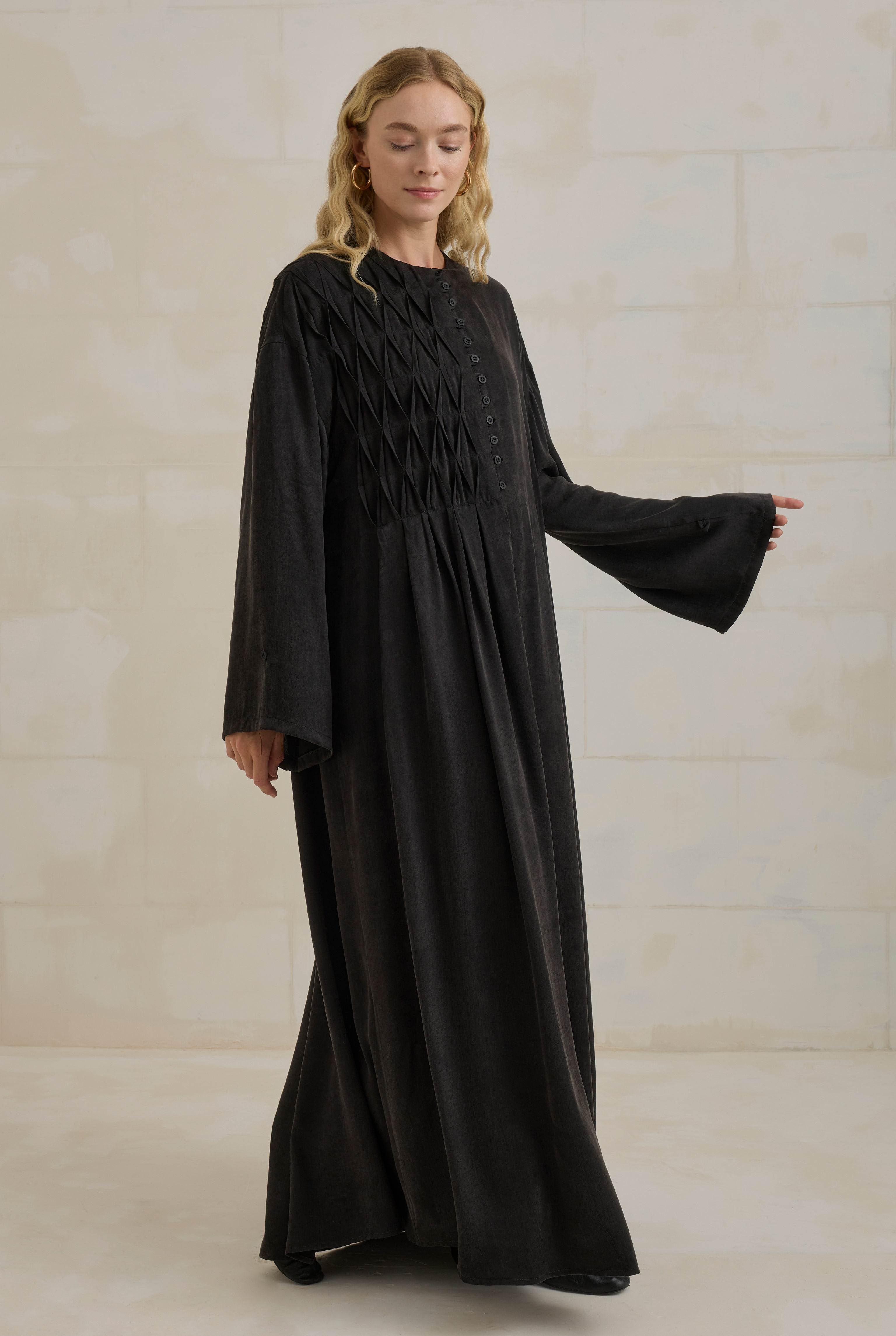 HE-QA Nervür Motifli Liyosel Abaya Siyah görsel 2