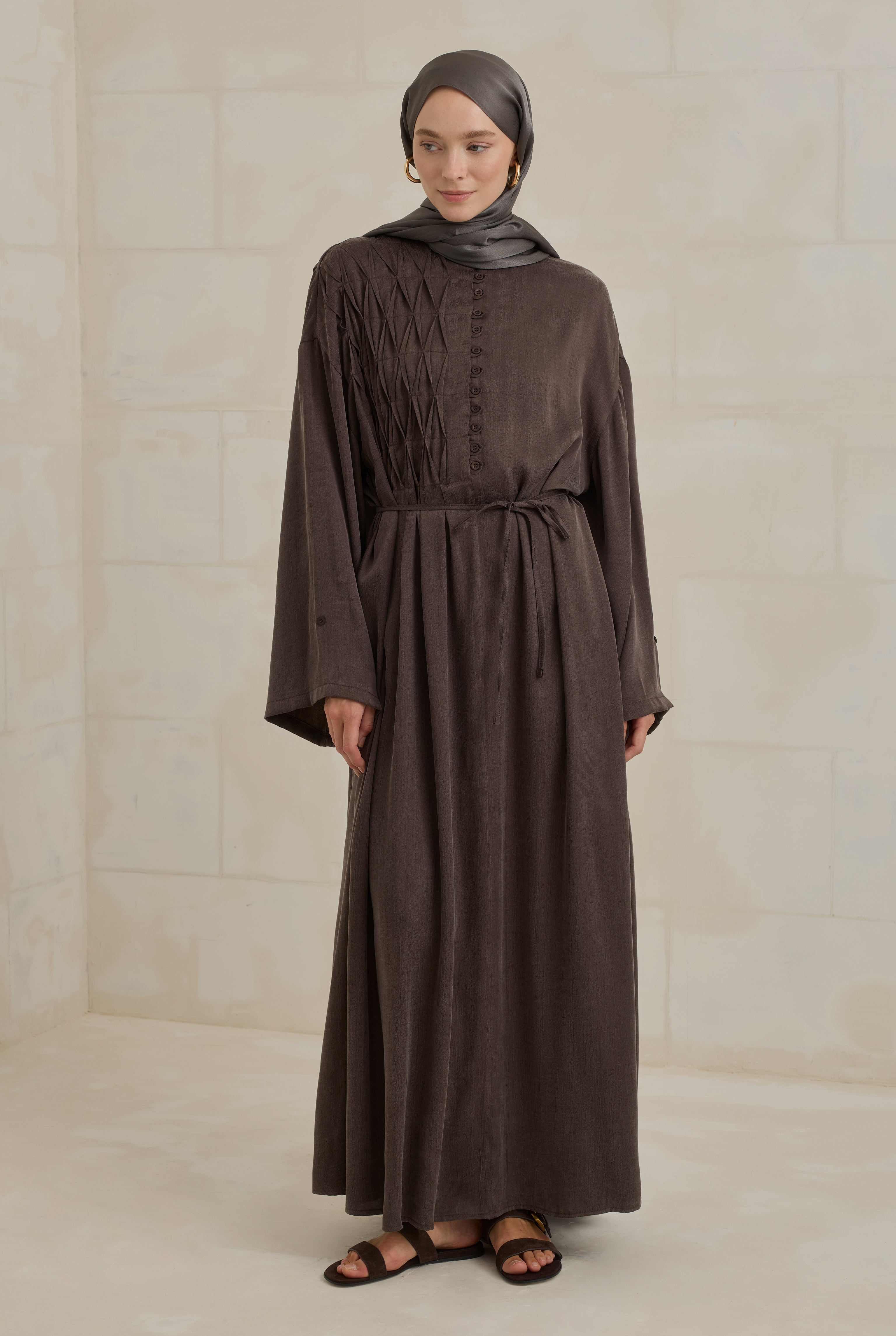 HE-QA Nervür Motifli Liyosel Abaya Acı Kahve