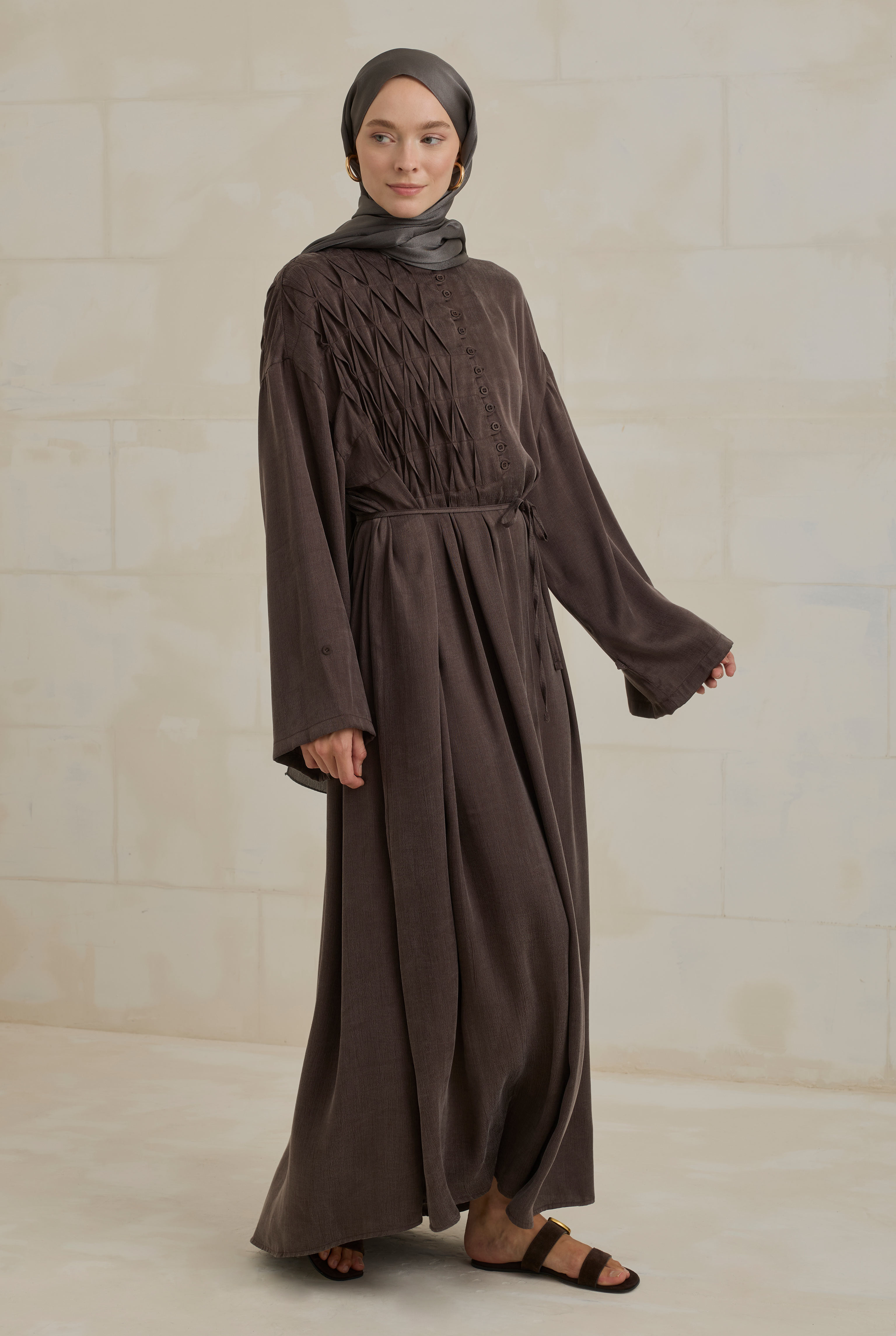 HE-QA Nervür Motifli Liyosel Abaya Acı Kahve görsel 2