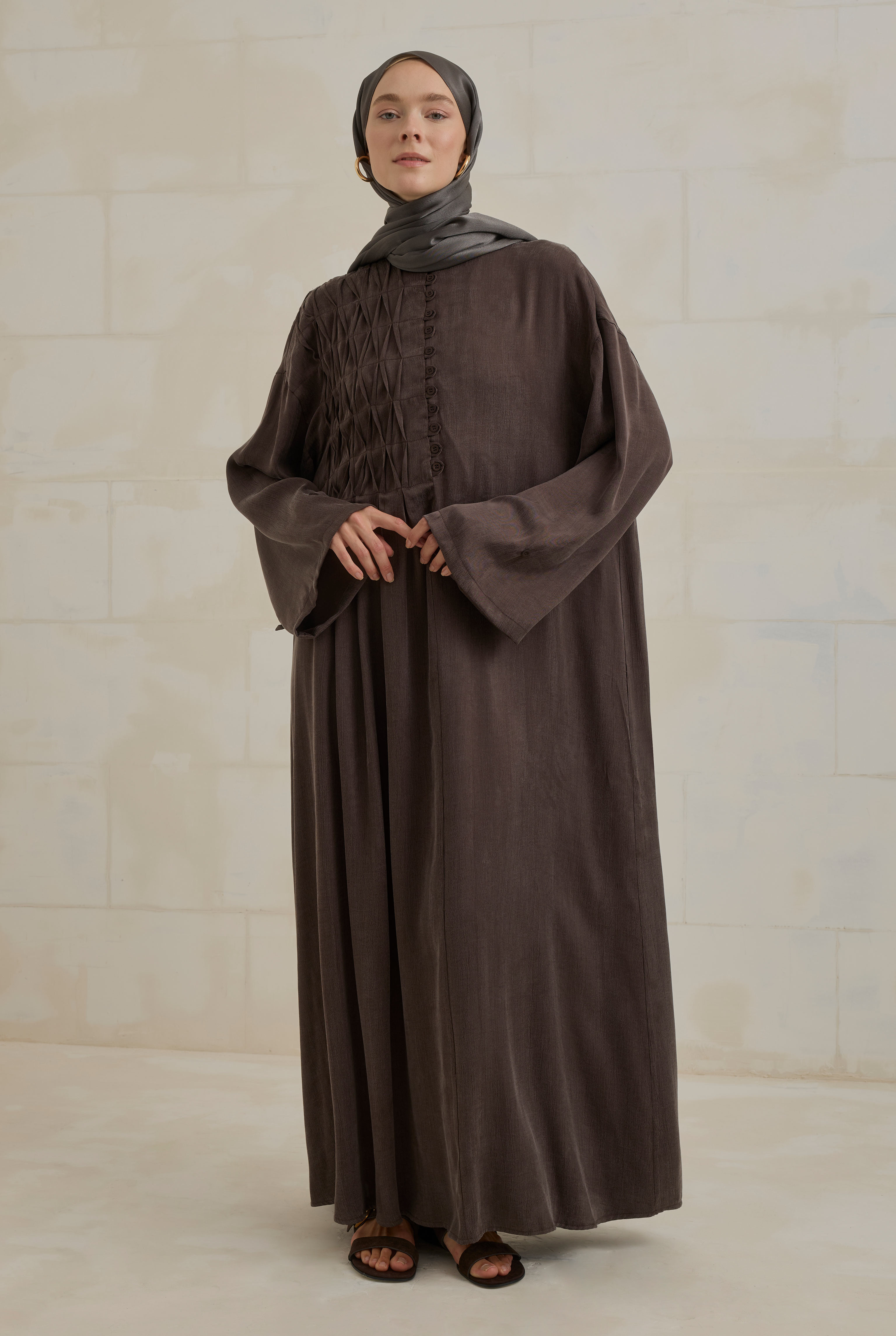 HE-QA Nervür Motifli Liyosel Abaya Acı Kahve görsel 3
