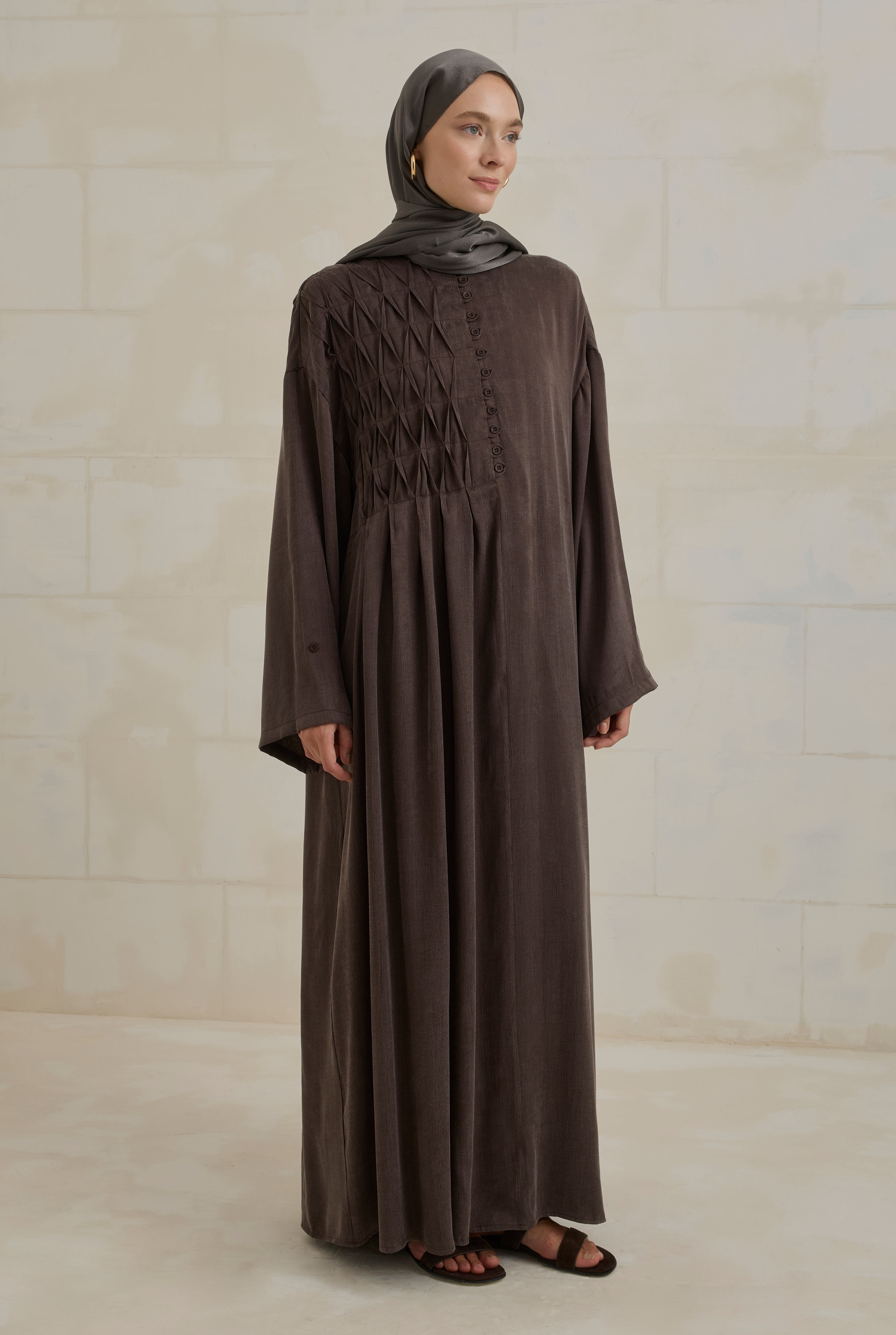 HE-QA Nervür Motifli Liyosel Abaya Acı Kahve görsel 4