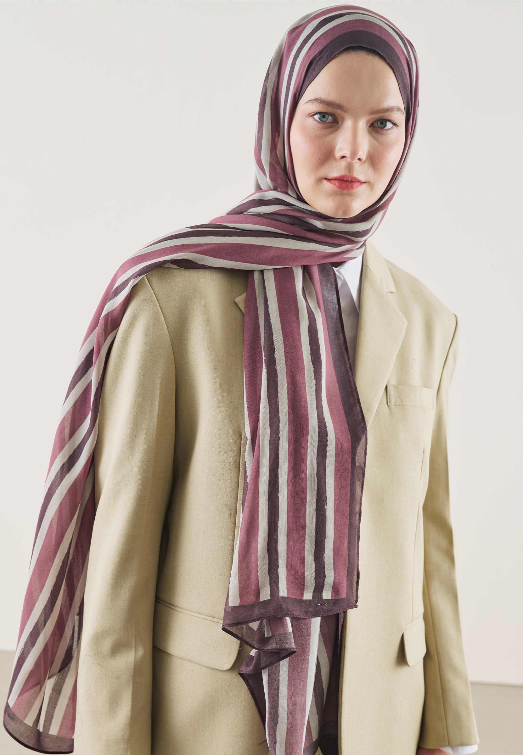 Fresh Scarfs Block Stripe Desen Rami Şal Gül Kurusu