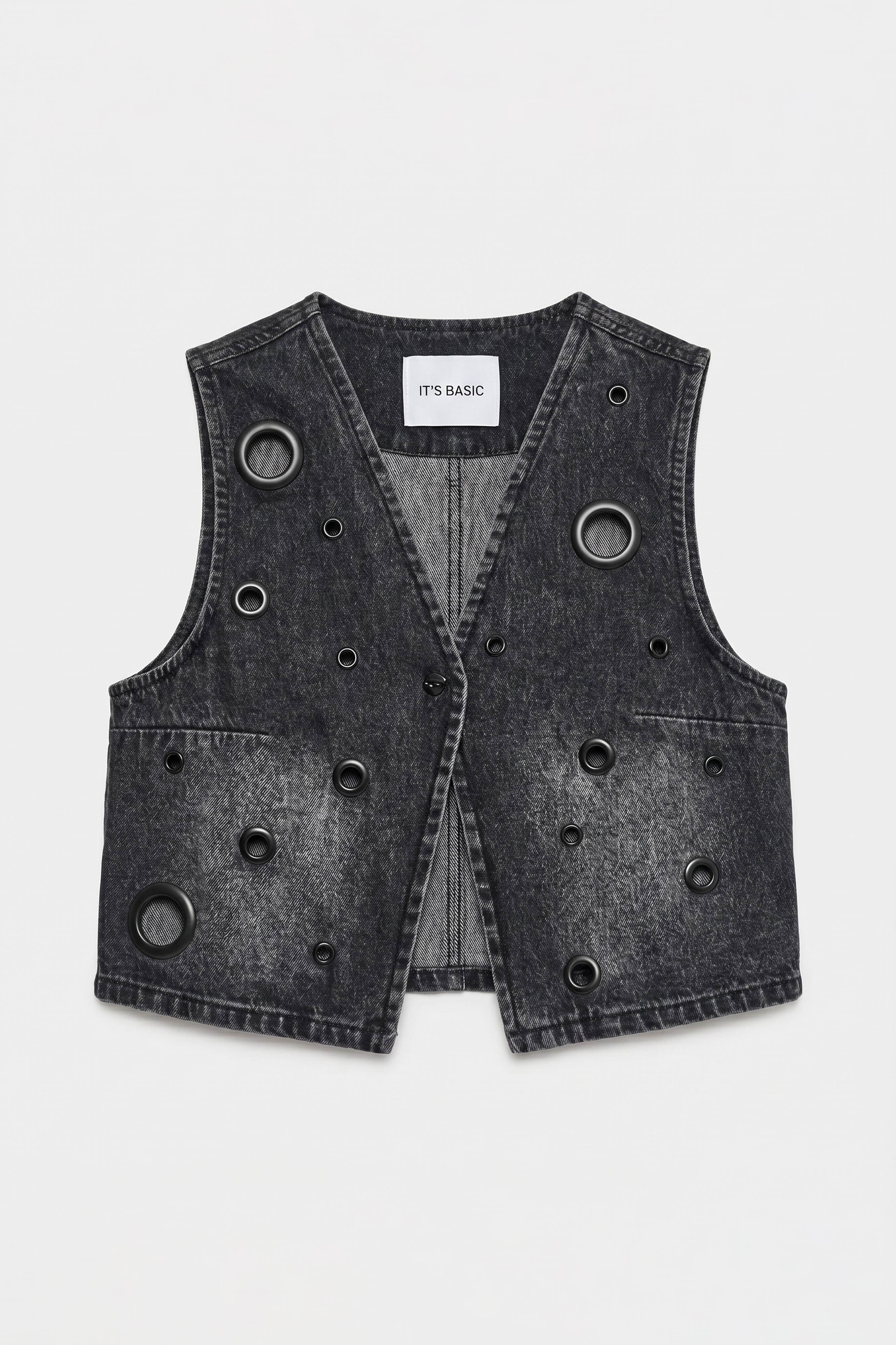 It's Basic Kadın Koyu Füme 2s6-1 Crop Fit Kuş Gözlü Tasarım Denim Yelek