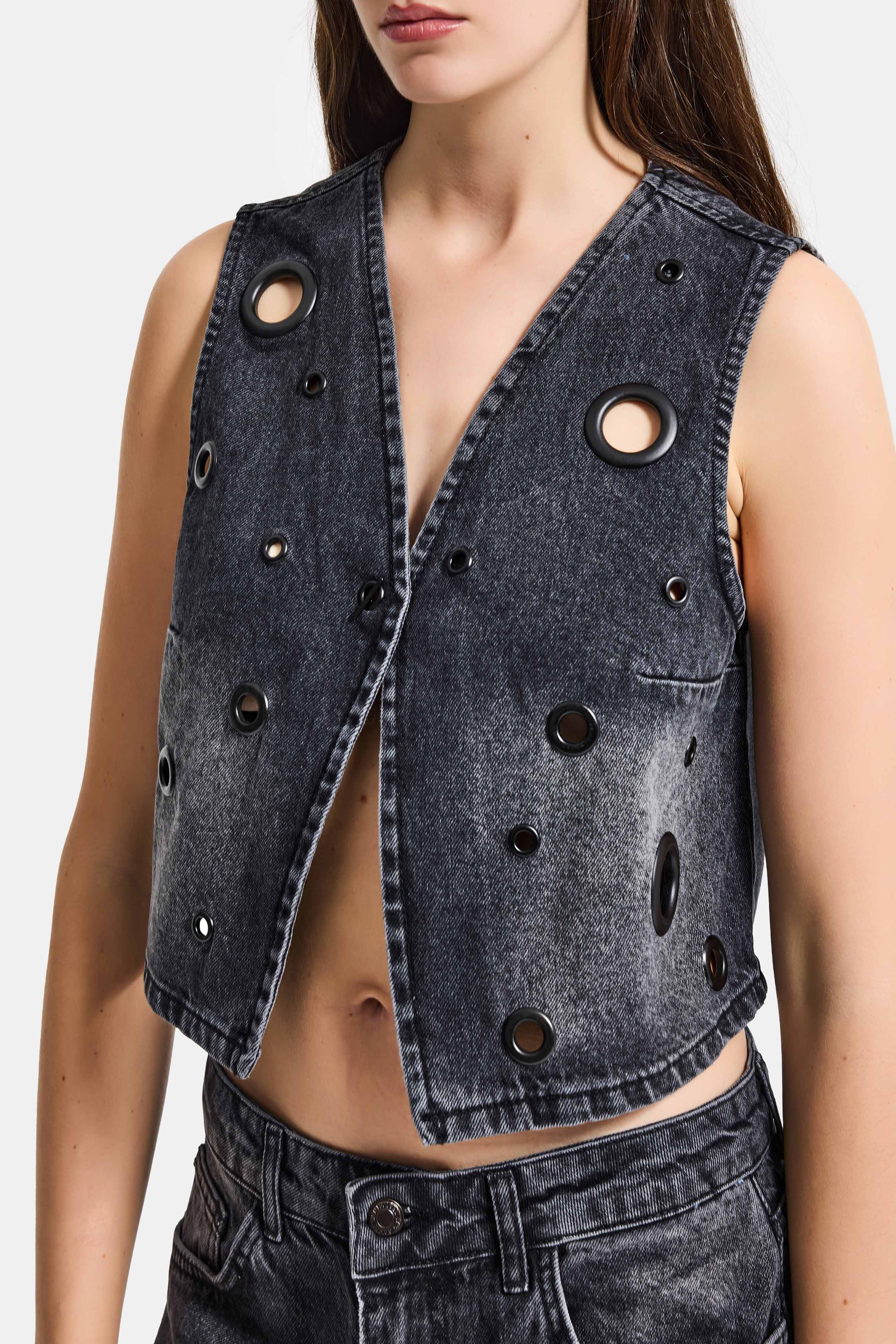 It's Basic Kadın Koyu Füme 2s6-1 Crop Fit Kuş Gözlü Tasarım Denim Yelek görsel 2