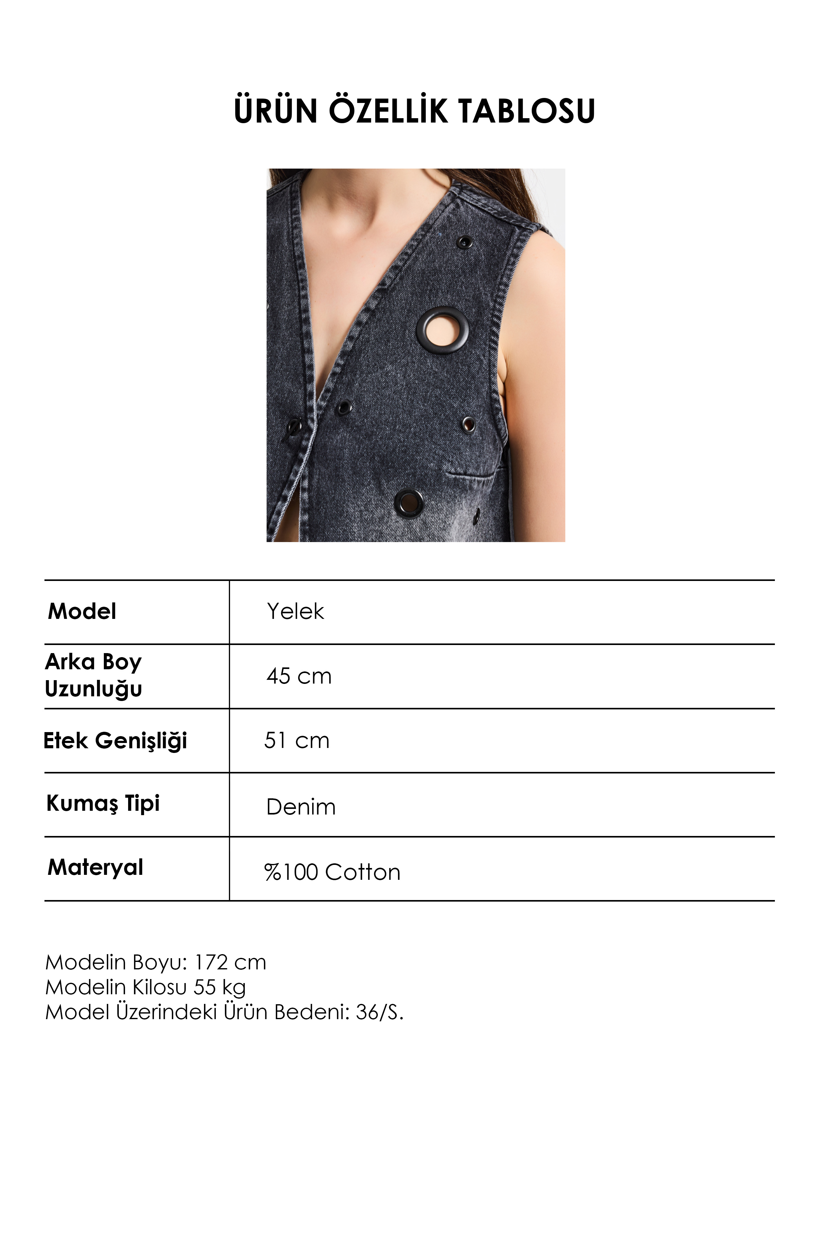 It's Basic Kadın Koyu Füme 2s6-1 Crop Fit Kuş Gözlü Tasarım Denim Yelek görsel 5