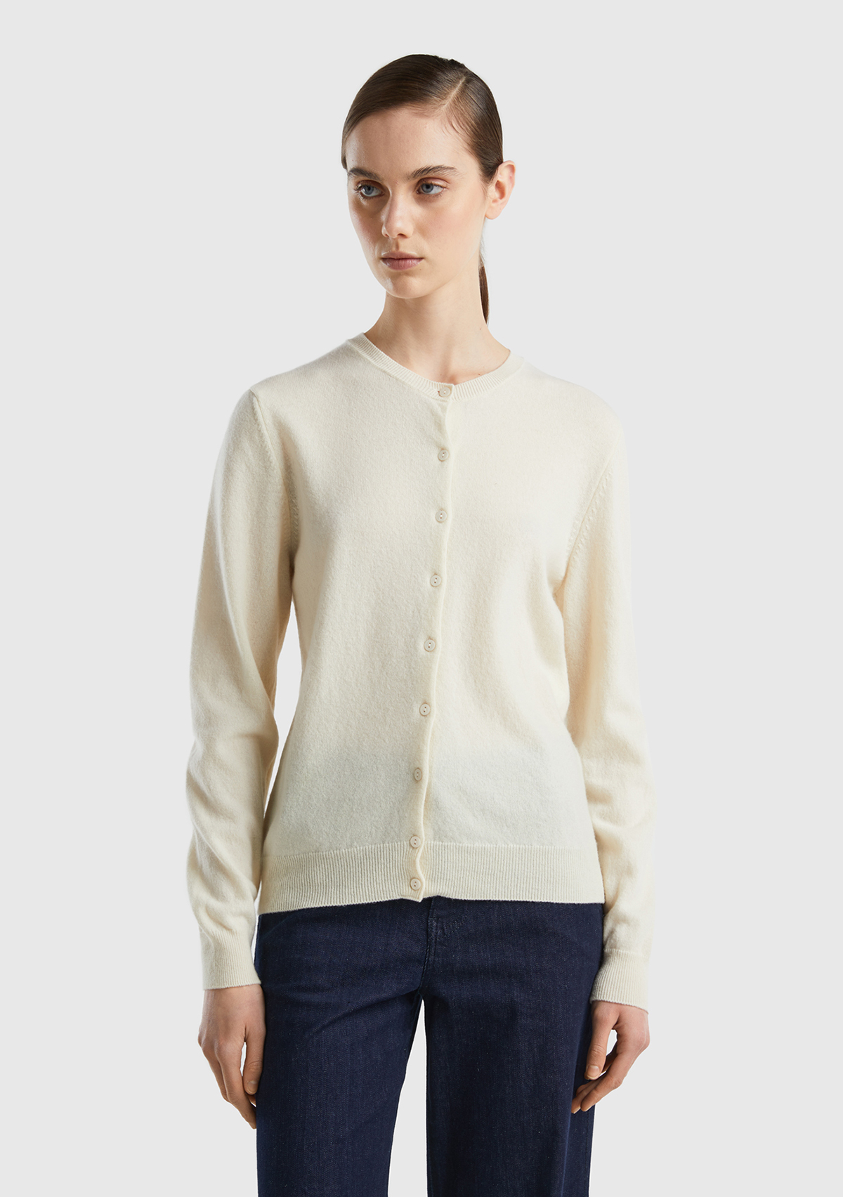 United Colors Of Benetton Kadın Krem Bisiklet Yaka %100 Merino Hırka