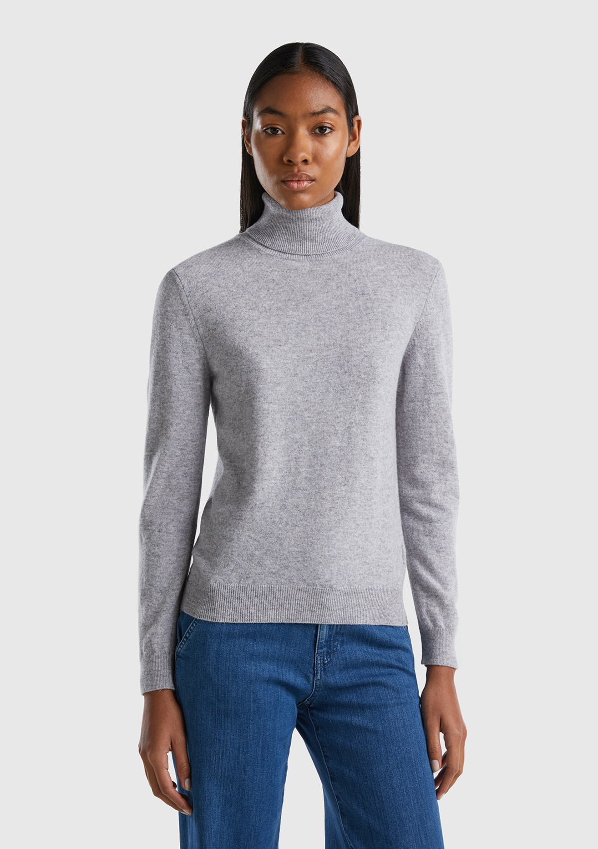 United Colors Of Benetton Kadın Gri Melanj Dik Yaka %100 Merino Kazak