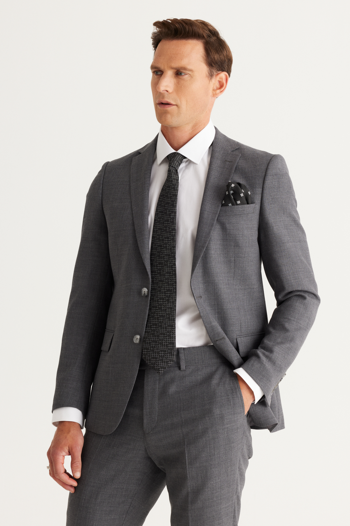 Altınyıldız Classics Erkek Gri Slim Fit Dar Kesim Mono Yaka Yünlü Takım Elbise