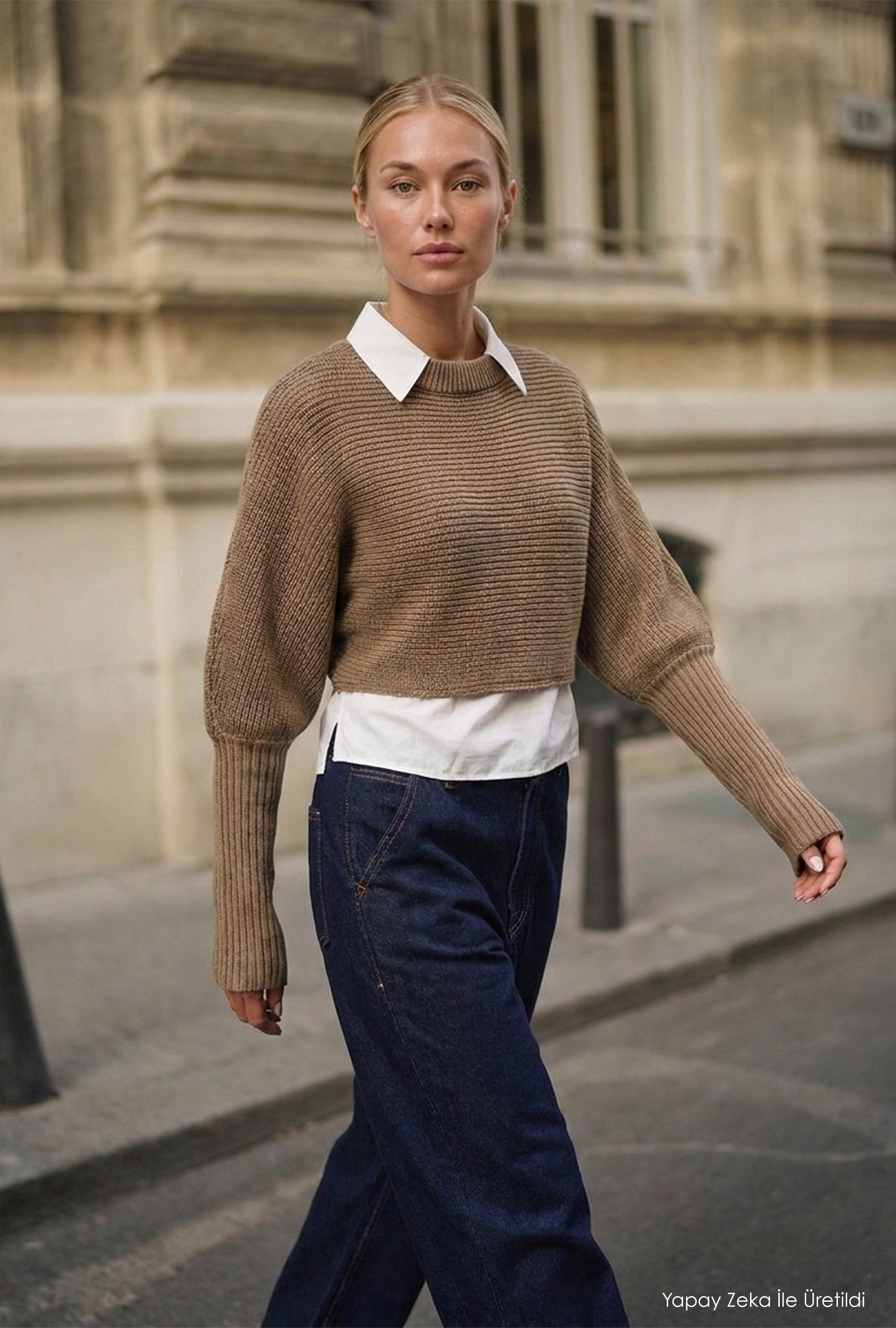 It's Basic Kadın Bej w6-57 Oversize Tek Parça Gömlek Yaka Detaylı Tasarım Triko Kazak