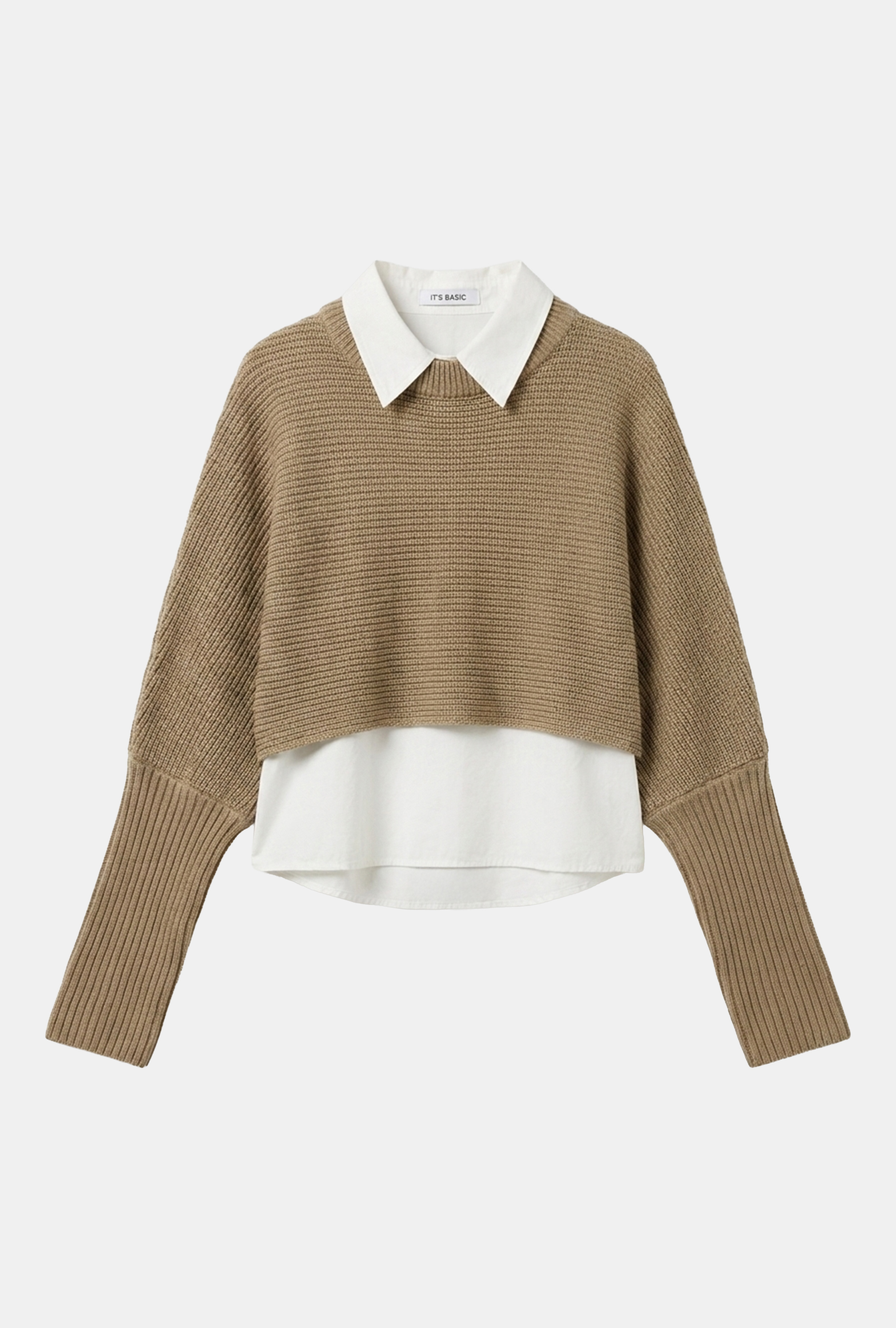 It's Basic Kadın Bej w6-57 Oversize Tek Parça Gömlek Yaka Detaylı Tasarım Triko Kazak görsel 3