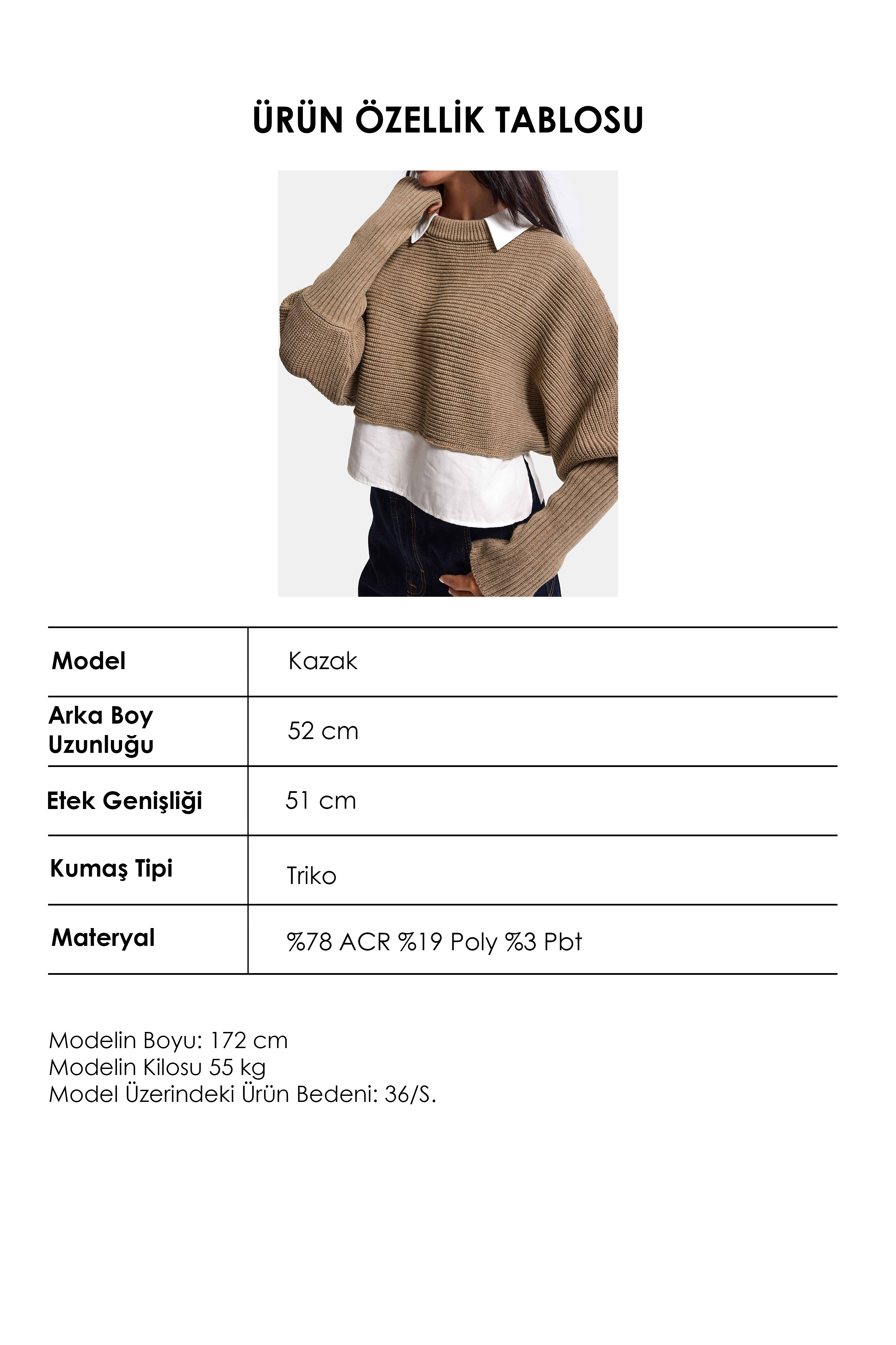 It's Basic Kadın Bej w6-57 Oversize Tek Parça Gömlek Yaka Detaylı Tasarım Triko Kazak görsel 6