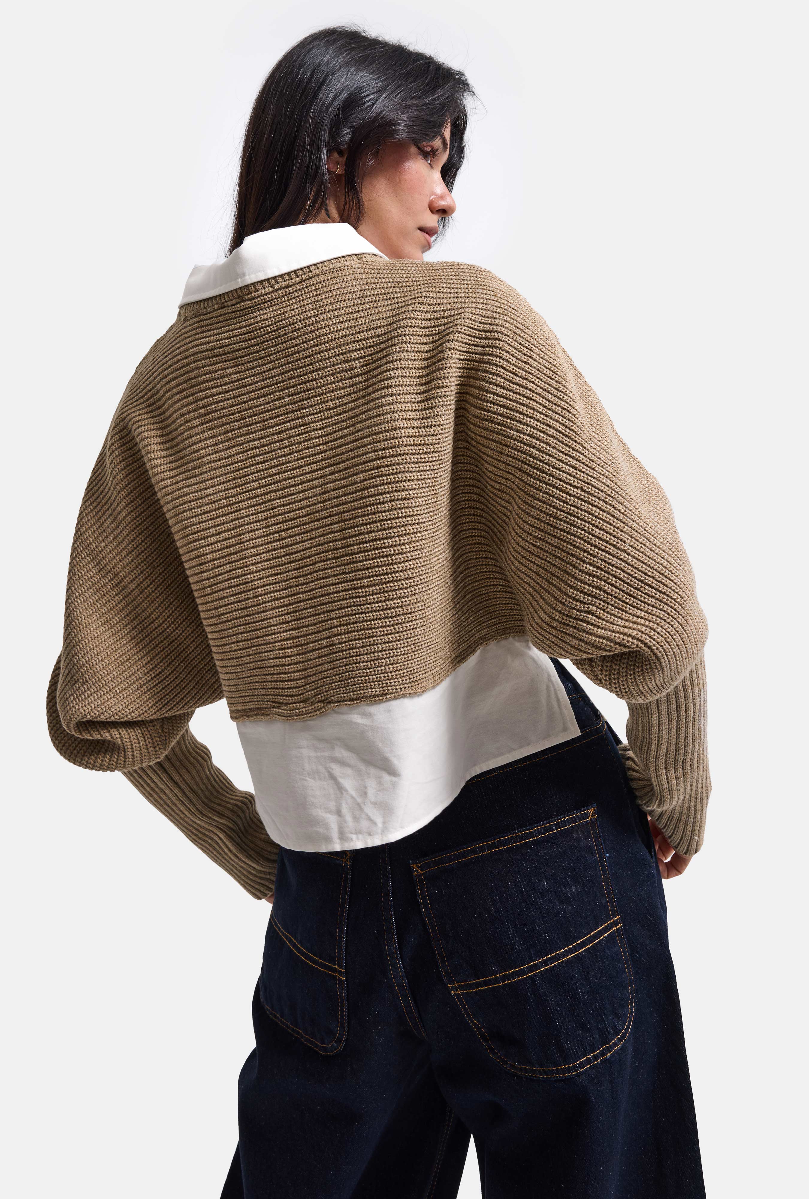 It's Basic Kadın Bej w6-57 Oversize Tek Parça Gömlek Yaka Detaylı Tasarım Triko Kazak görsel 7