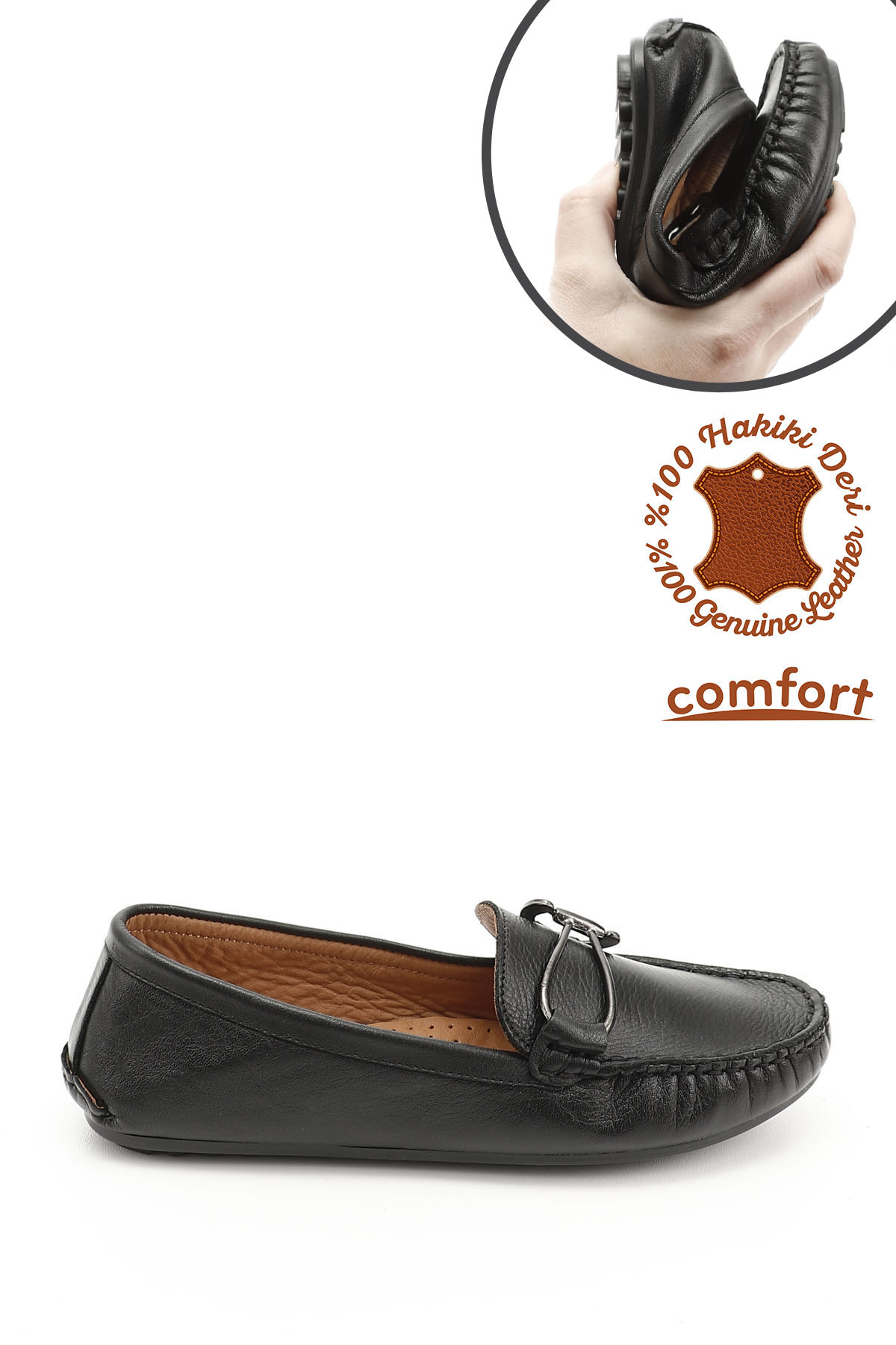 GÖNDERİ(R) Kadın ZÜMRÜT-SİYAH Tokalı Rok Hakiki Deri Comfort Loafer
