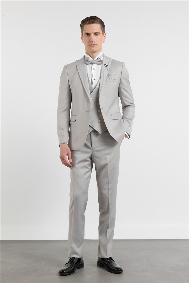 İMZA Gri Kılıç Yaka Çift Yırtmaç Esnek 6 Drop Slim Fit Damatlık Takım Elbise 1001250205