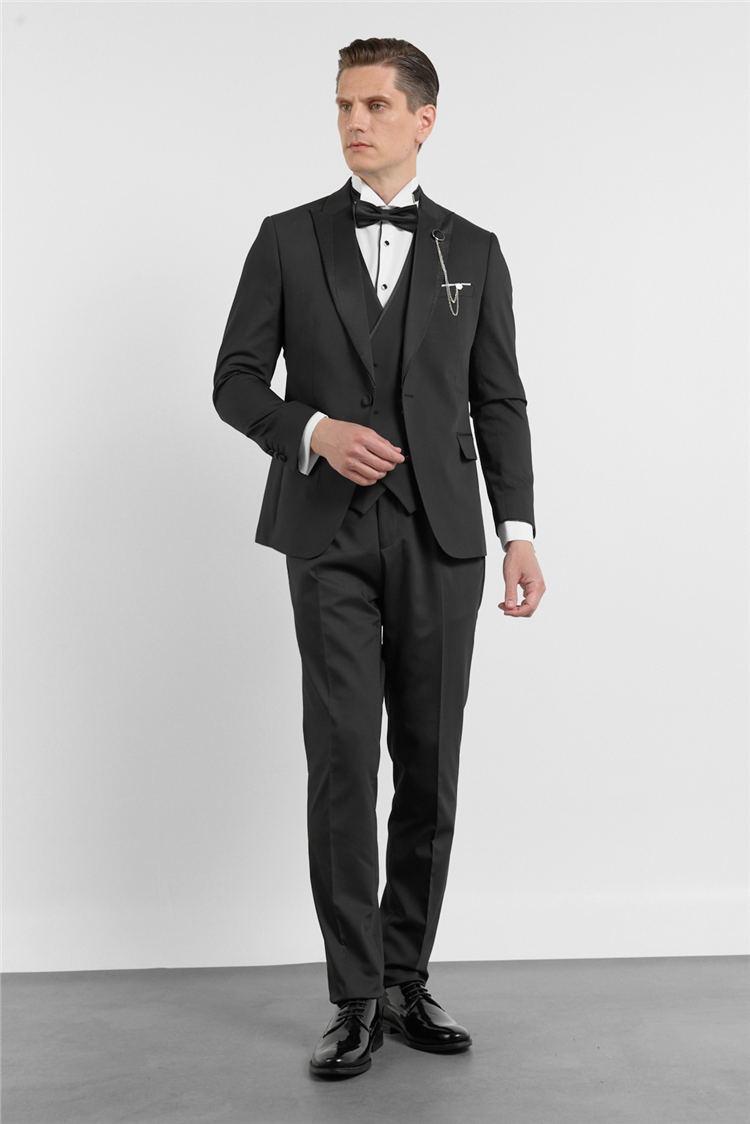 İMZA Siyah Kılıç Yaka Düz Desen 6 Drop Slim Fit Esnek Yelekli Takım Elbise 1001260293