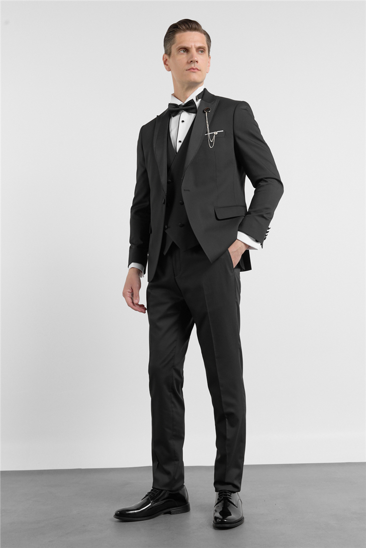 İMZA Siyah Kılıç Yaka Düz Desen 6 Drop Slim Fit Esnek Yelekli Takım Elbise 1001260293 görsel 2