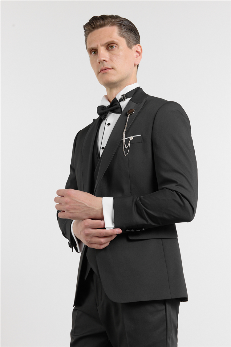 İMZA Siyah Kılıç Yaka Düz Desen 6 Drop Slim Fit Esnek Yelekli Takım Elbise 1001260293 görsel 3