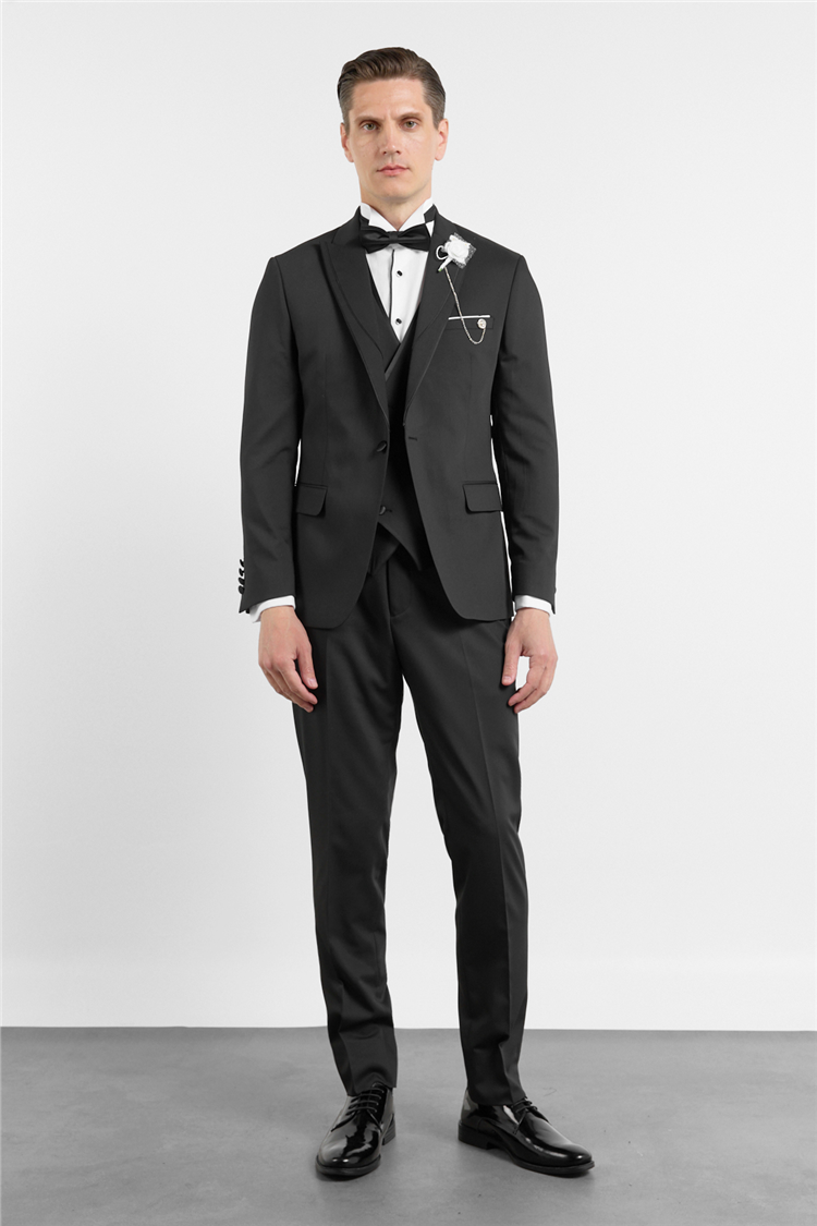 İMZA Siyah Kılıç Yaka Düz Desen 6 Drop Slim Fit Esnek Yelekli Takım Elbise 1001260290
