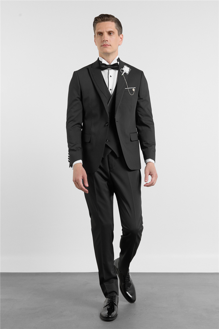 İMZA Siyah Kılıç Yaka Düz Desen 6 Drop Slim Fit Esnek Yelekli Takım Elbise 1001260290 görsel 2