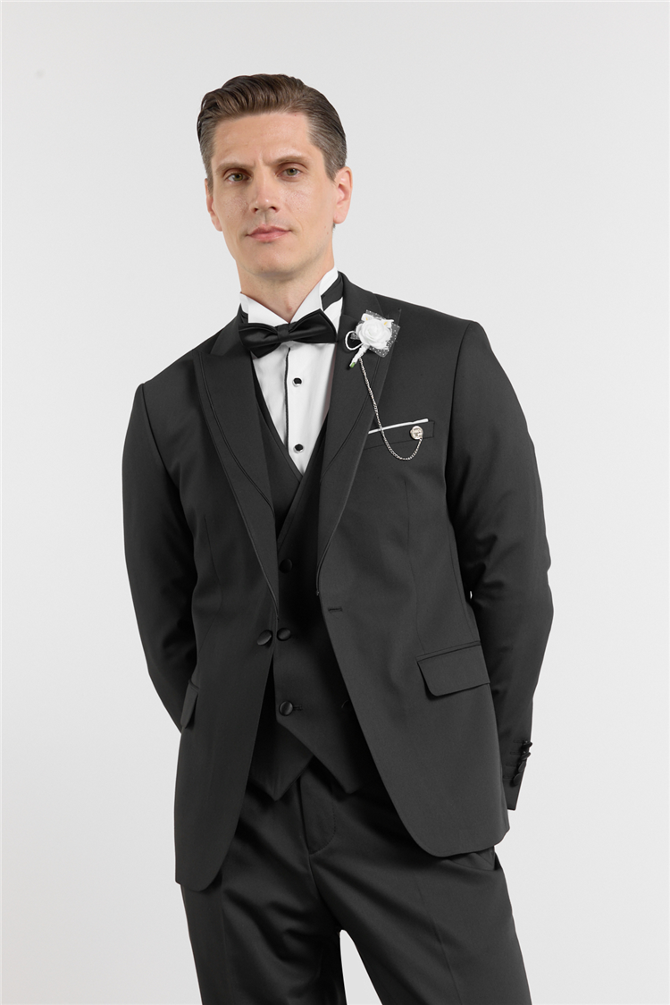 İMZA Siyah Kılıç Yaka Düz Desen 6 Drop Slim Fit Esnek Yelekli Takım Elbise 1001260290 görsel 3