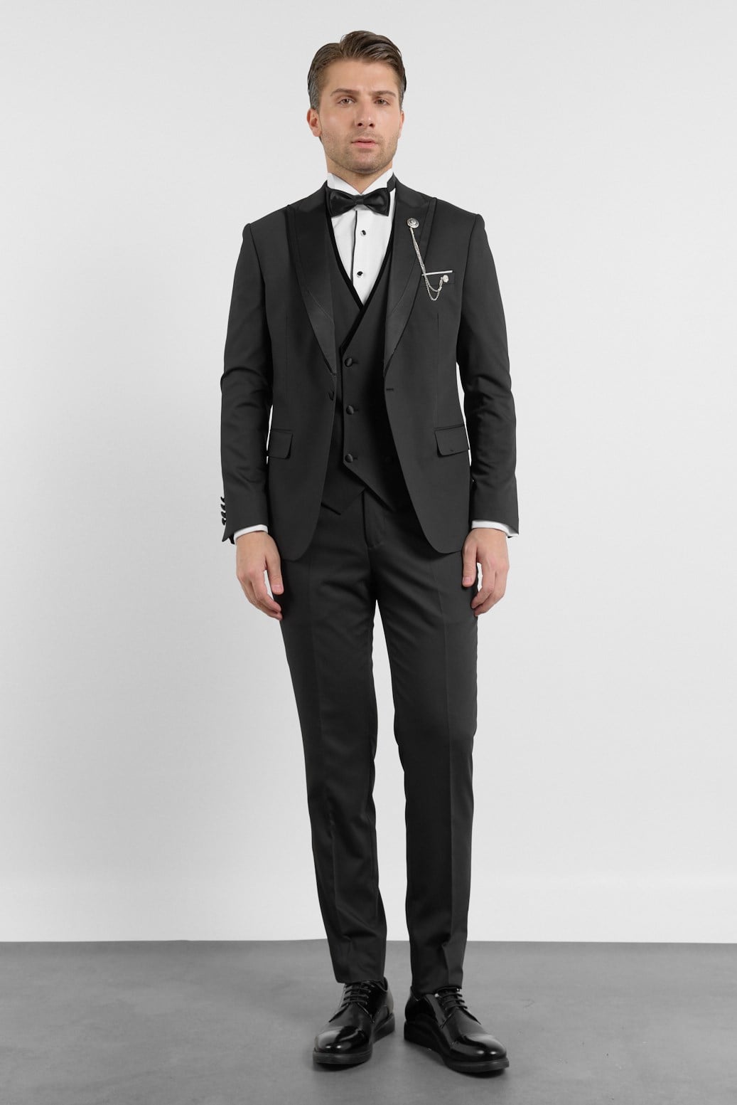 İMZA Siyah Kılıç Yaka Düz Desen 6 Drop Slim Fit Esnek Yelekli Takım Elbise 1001260287
