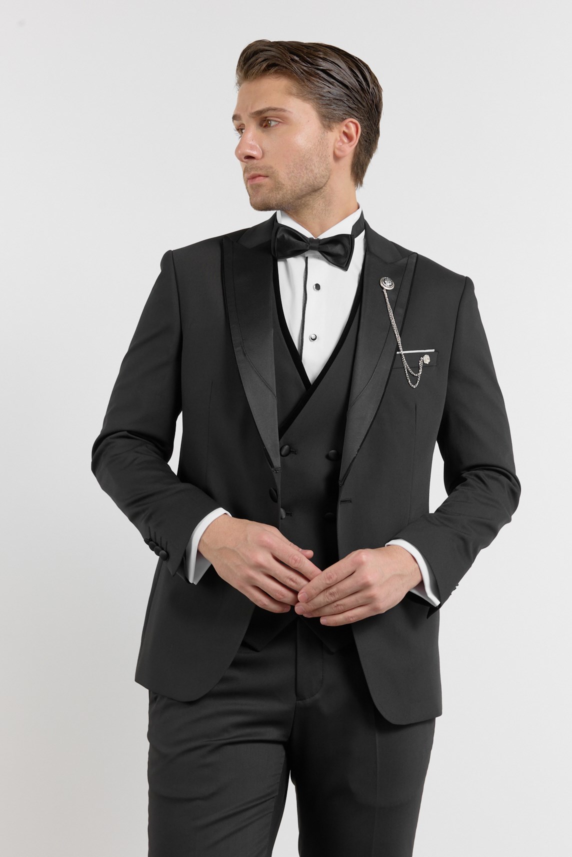 İMZA Siyah Kılıç Yaka Düz Desen 6 Drop Slim Fit Esnek Yelekli Takım Elbise 1001260287 görsel 2