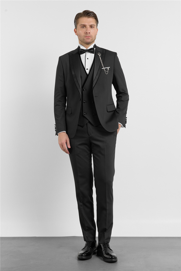 İMZA Siyah Kılıç Yaka Düz Desen 6 Drop Slim Fit Esnek Yelekli Takım Elbise 1001260288