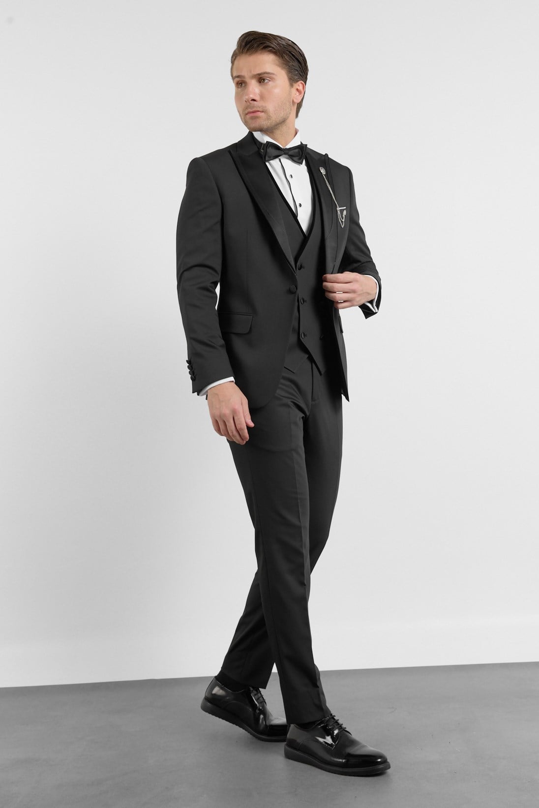 İMZA Siyah Kılıç Yaka Düz Desen 6 Drop Slim Fit Esnek Yelekli Takım Elbise 1001260287 görsel 3
