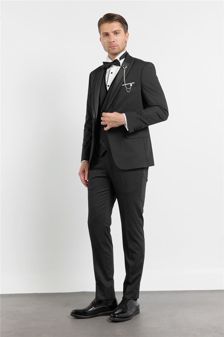 İMZA Siyah Kılıç Yaka Düz Desen 6 Drop Slim Fit Esnek Yelekli Takım Elbise 1001260288 görsel 2