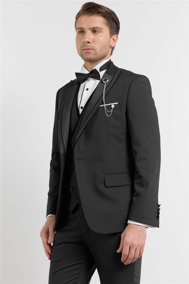 İMZA Siyah Kılıç Yaka Düz Desen 6 Drop Slim Fit Esnek Yelekli Takım Elbise 1001260288 görsel 3