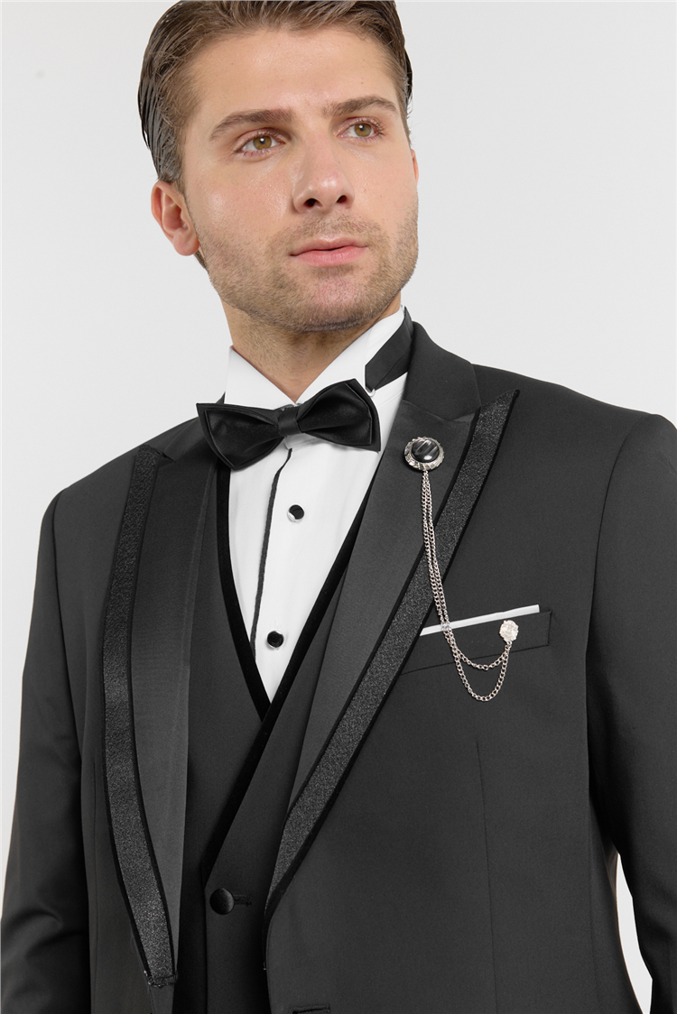 İMZA Siyah Kılıç Yaka Düz Desen 6 Drop Slim Fit Esnek Yelekli Takım Elbise 1001260288 görsel 4