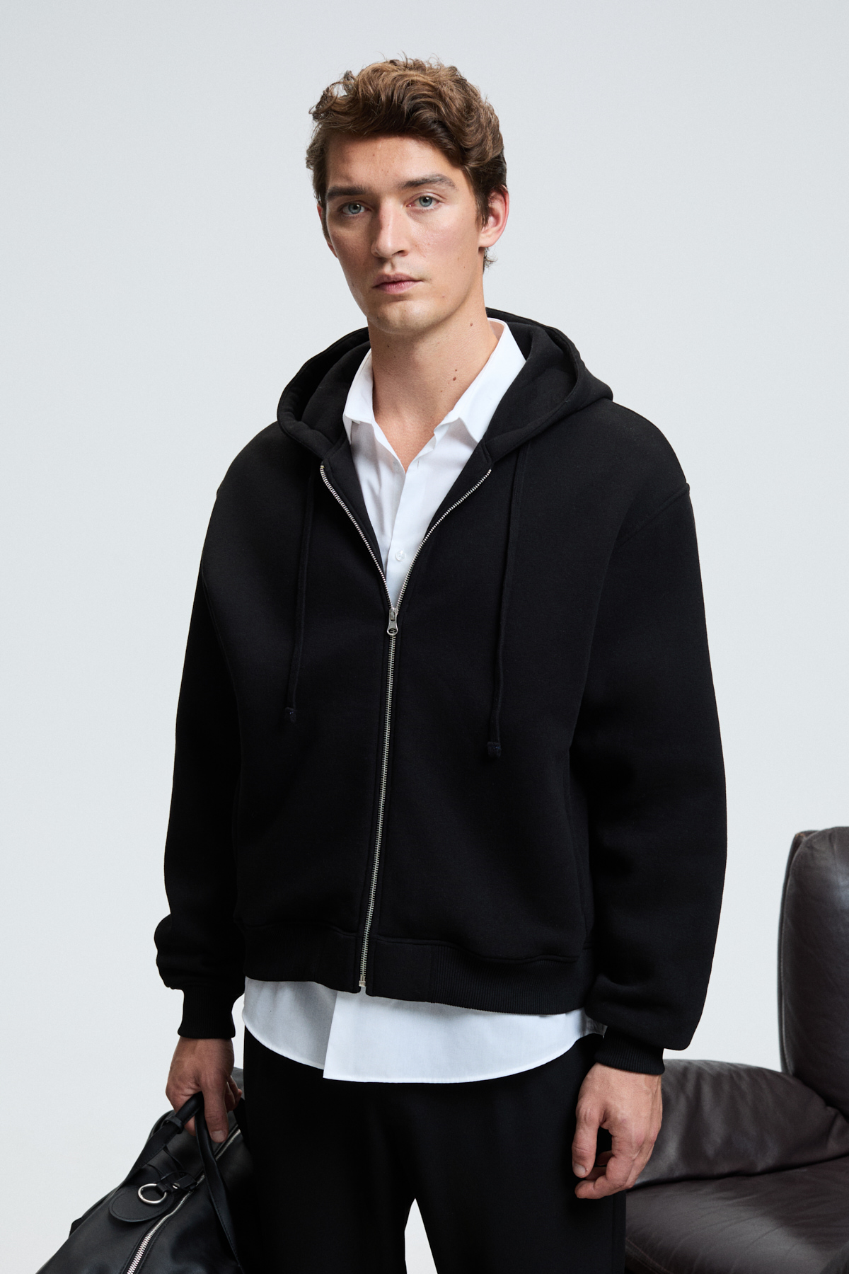 GRIMELANGE Erkek Kapüşonlu Fermuarlı Cepli Kordonlu Boxy Kalıp SİYAH Sweatshirt görsel 2