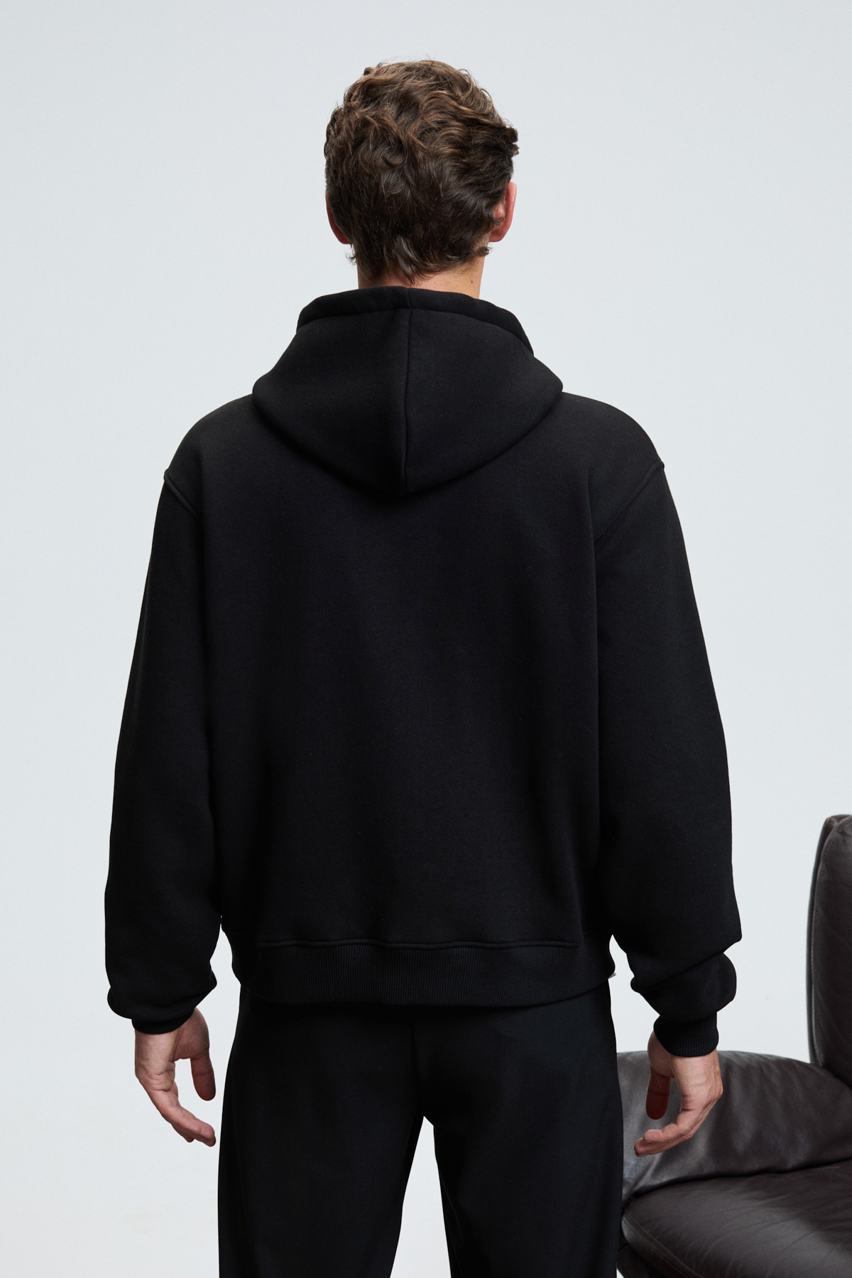 GRIMELANGE Erkek Kapüşonlu Fermuarlı Cepli Kordonlu Boxy Kalıp SİYAH Sweatshirt görsel 5