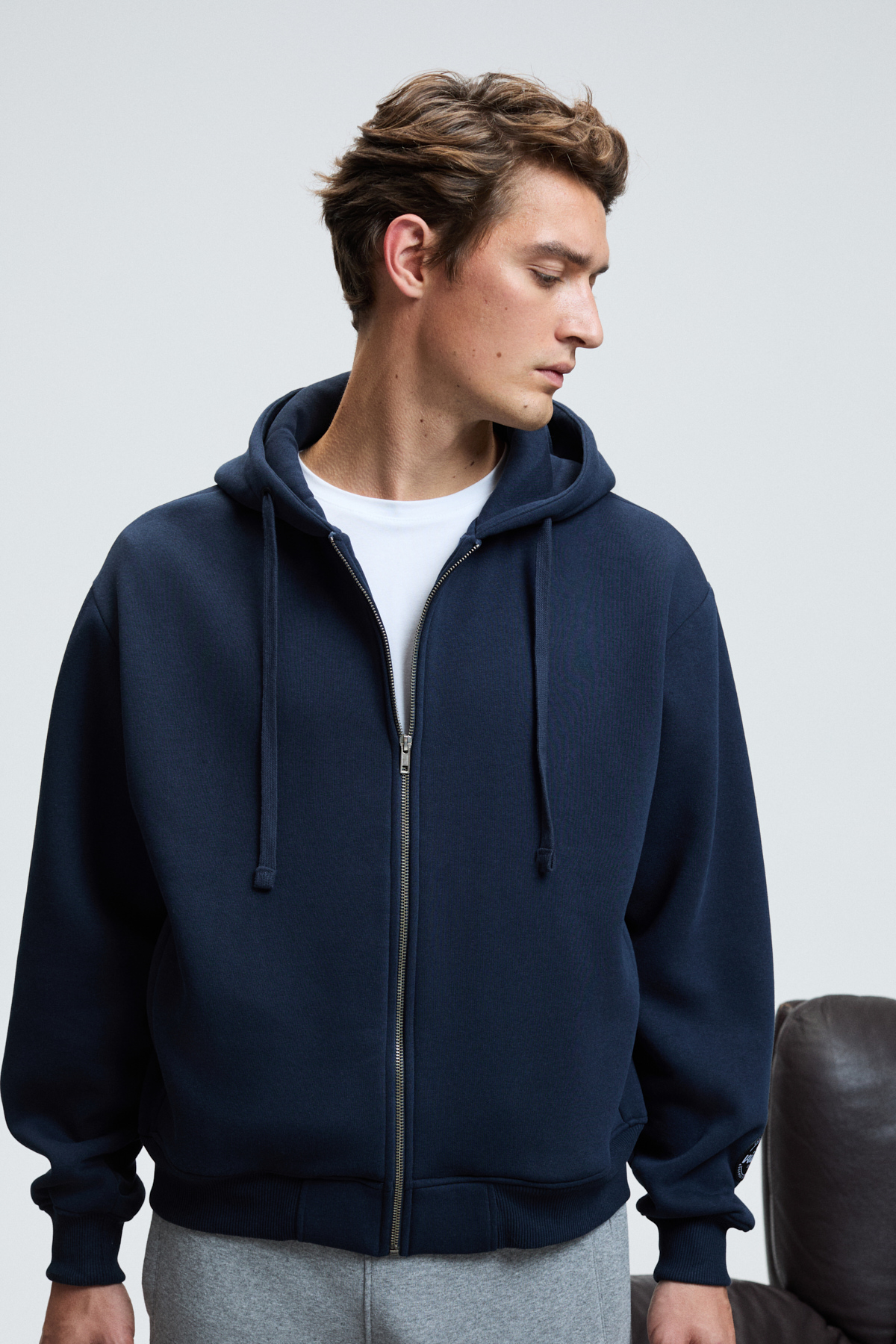GRIMELANGE Erkek Kapüşonlu Fermuarlı Cepli Kordonlu Boxy Kalıp LACİVERT Sweatshirt