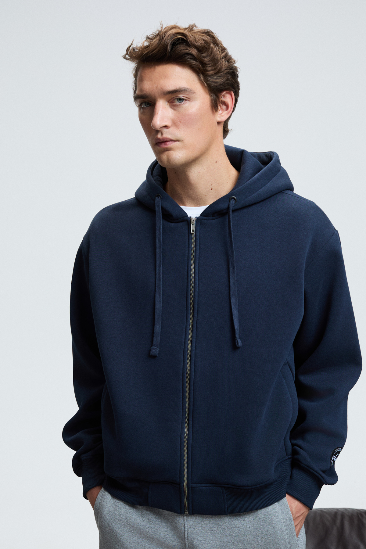 GRIMELANGE Erkek Kapüşonlu Fermuarlı Cepli Kordonlu Boxy Kalıp LACİVERT Sweatshirt görsel 2