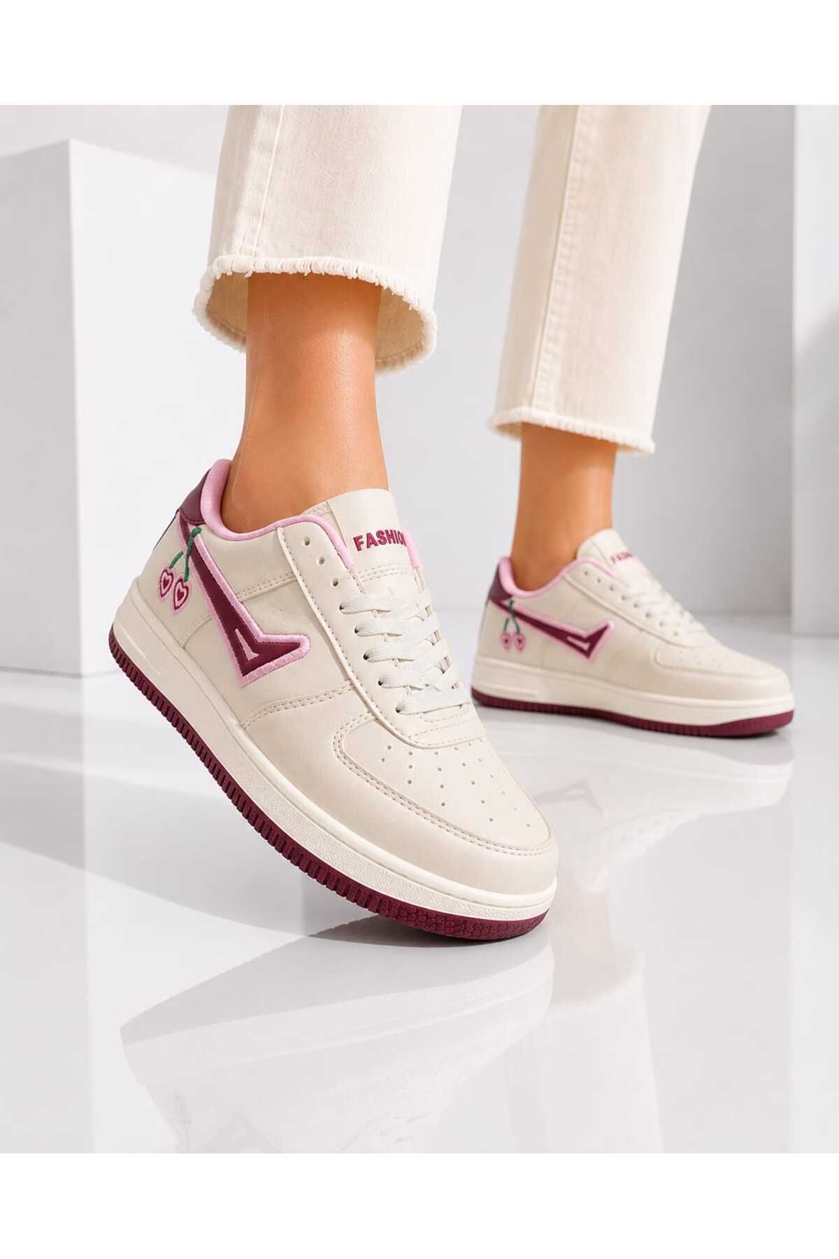 Slipcat Kadın Trend Kiraz İşlemeli Casual Sneaker, Nakış Detaylı Konforlu Günlük Ayakkabı