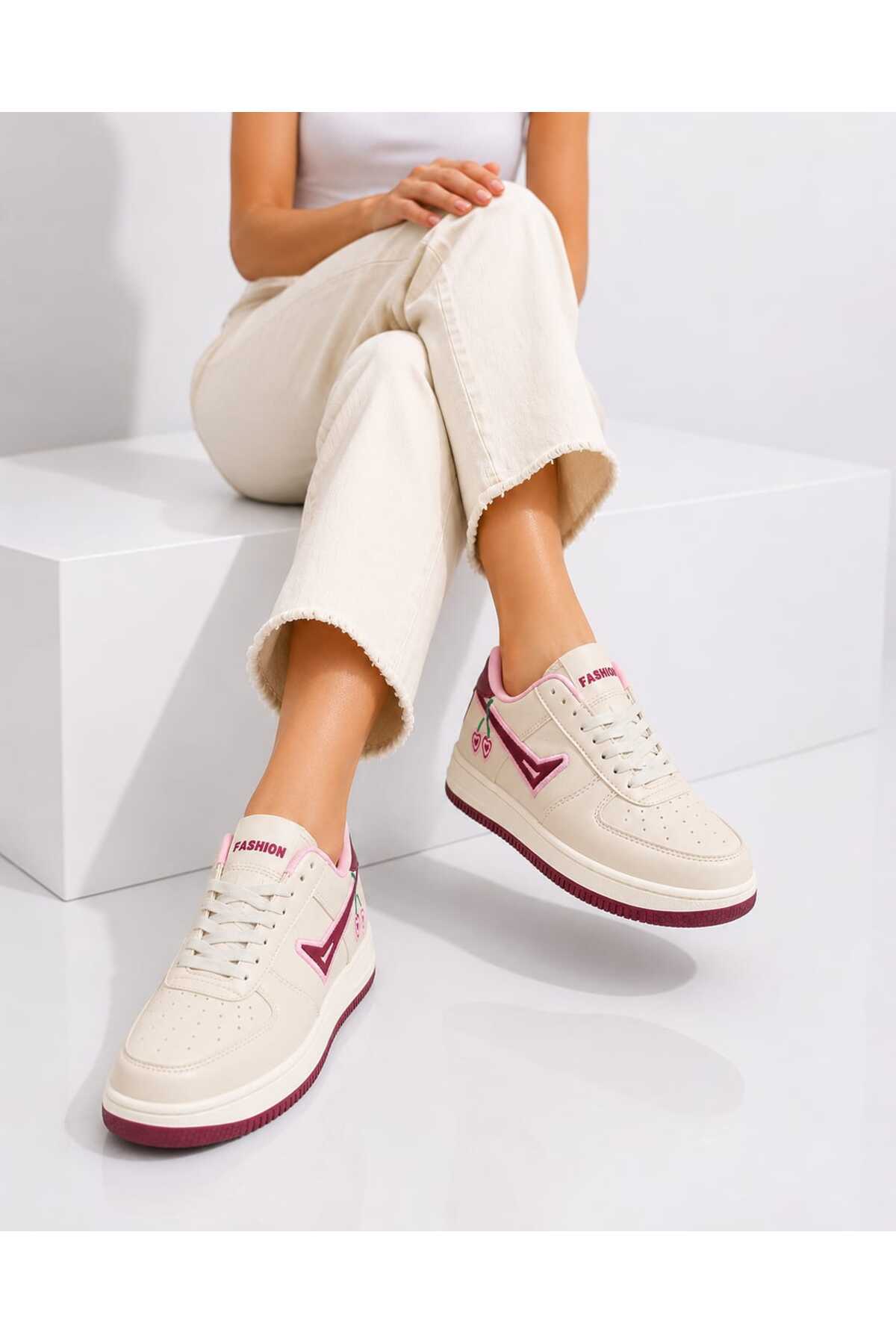 Slipcat Kadın Trend Kiraz İşlemeli Casual Sneaker, Nakış Detaylı Konforlu Günlük Ayakkabı görsel 2