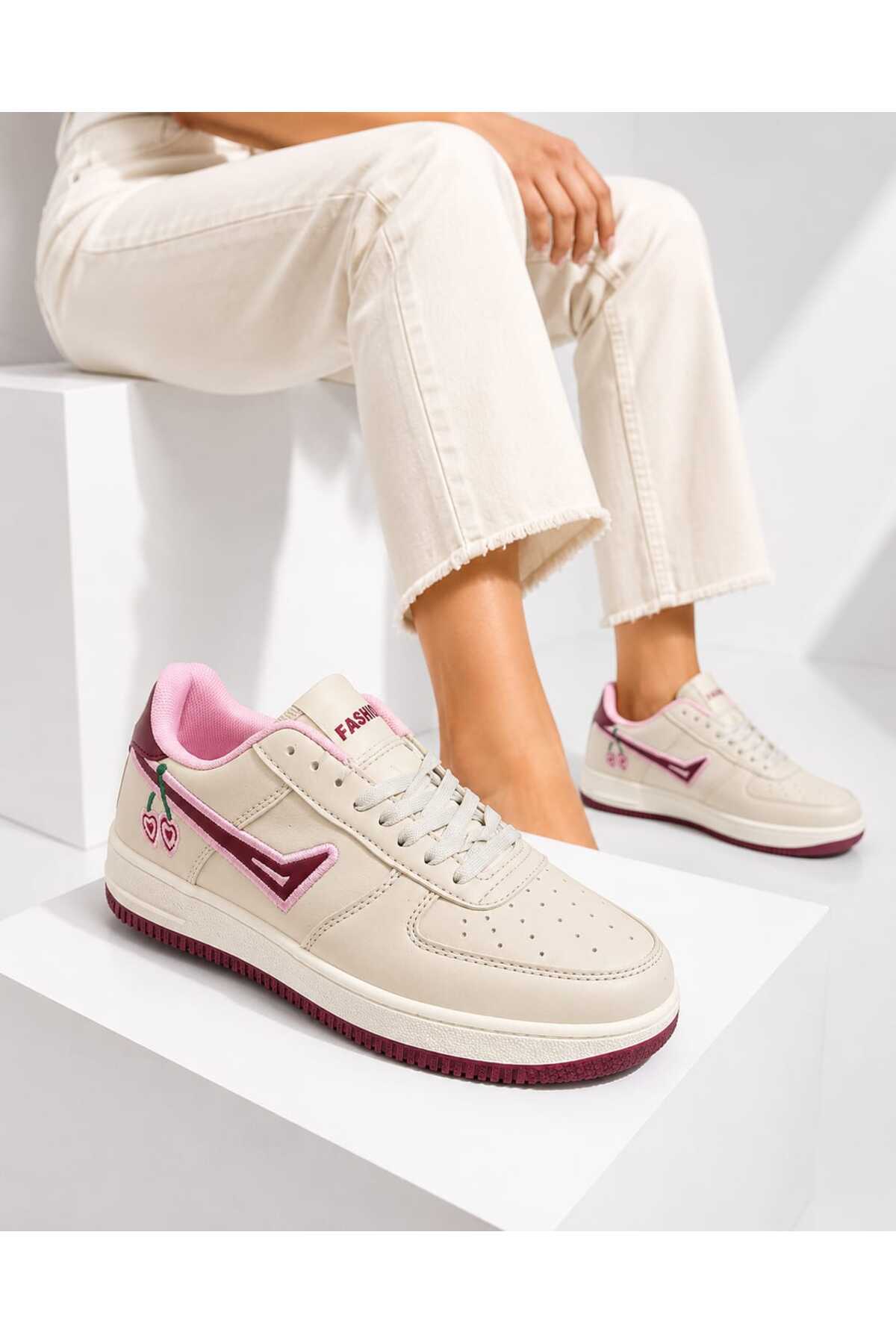 Slipcat Kadın Trend Kiraz İşlemeli Casual Sneaker, Nakış Detaylı Konforlu Günlük Ayakkabı görsel 3
