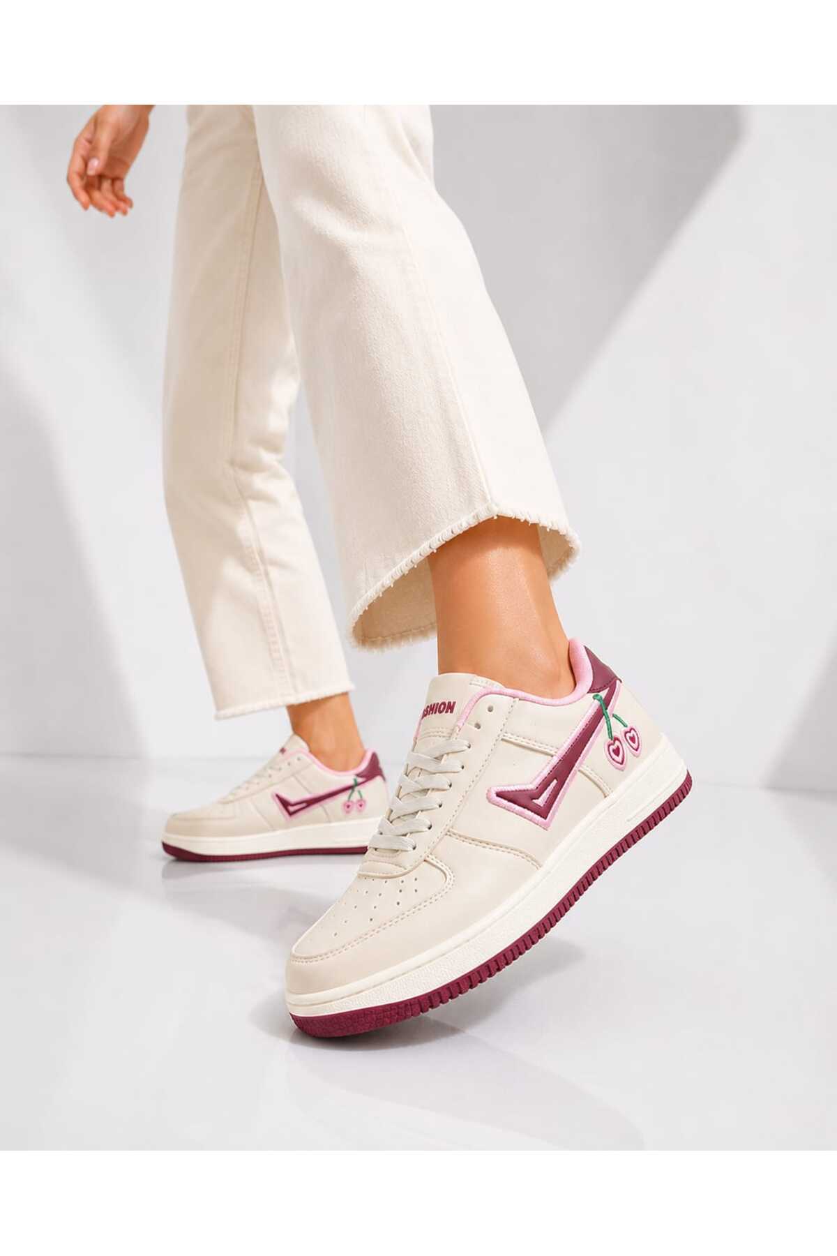 Slipcat Kadın Trend Kiraz İşlemeli Casual Sneaker, Nakış Detaylı Konforlu Günlük Ayakkabı görsel 5
