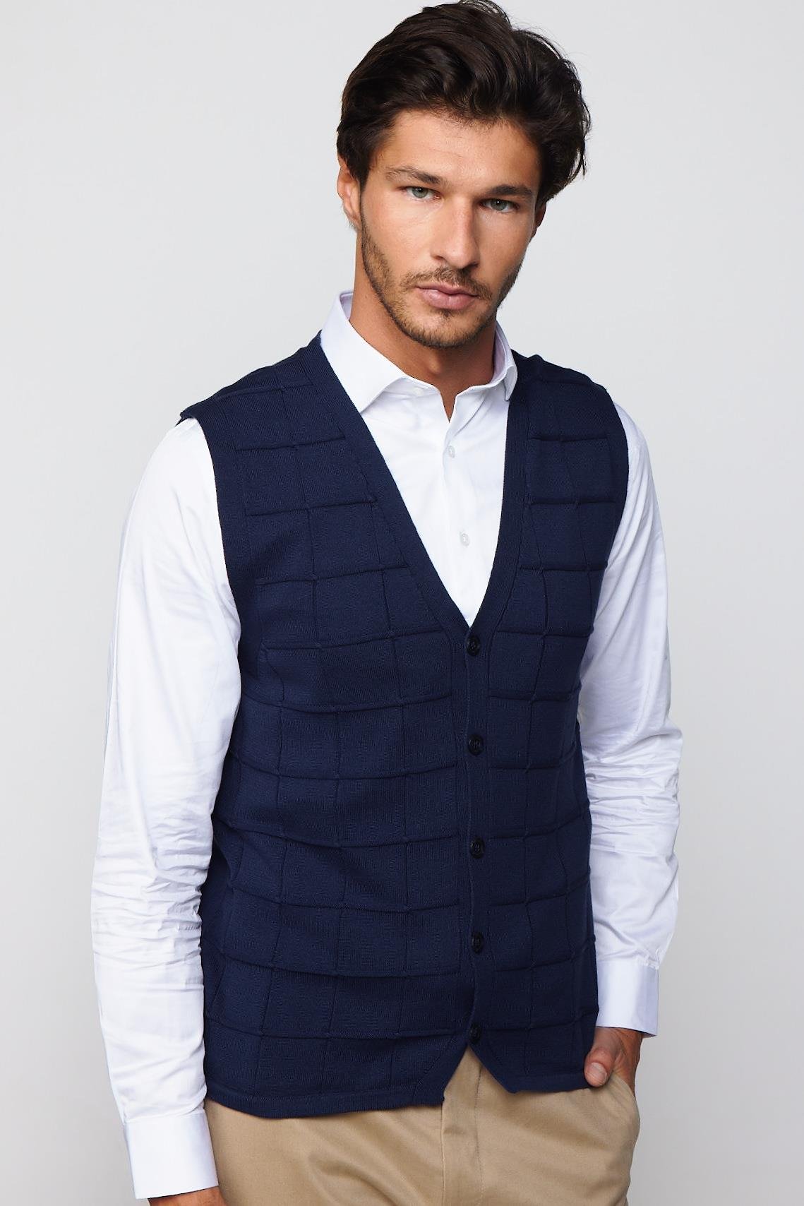 TUDORS Slim Fit Kare Desenli Lacivert Erkek Yelek