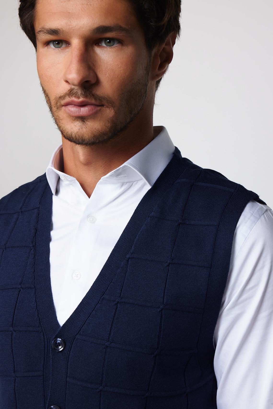 TUDORS Slim Fit Kare Desenli Lacivert Erkek Yelek görsel 2
